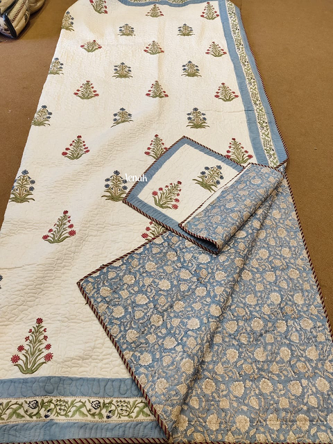 Red & Blue Phool Handblock Printed Reversible Quilted Bedcover -105 x108