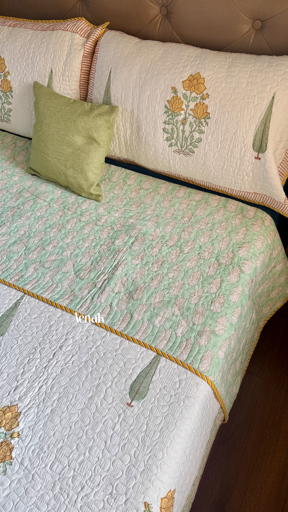 Yellow Marigold Handblock Printed Reversible Quilted Cotton Bedcover Set