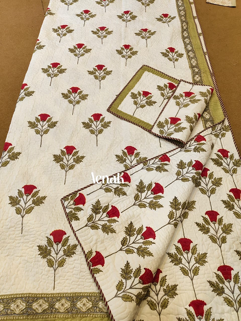 Rust Phool Boota Handblock Printed Reversible Quilted Bedcover -105 x108