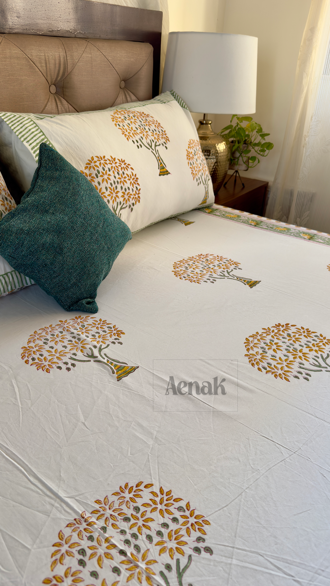 Yellow Bodhi Tree Handblock Printed Premium Cotton Bedsheet