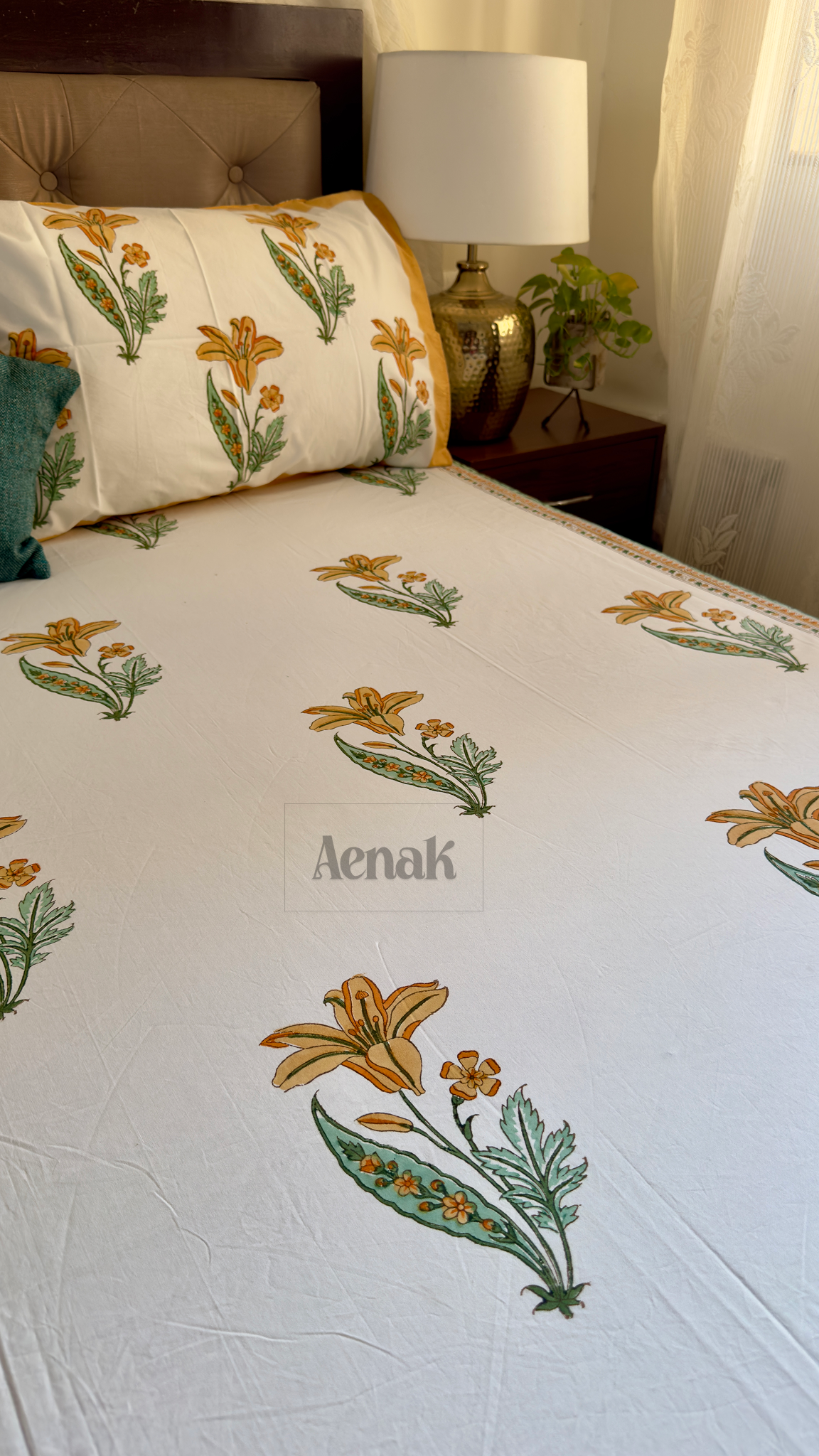 Yellow Lily Handblock Bedsheet + Quilted Bedcover Combo