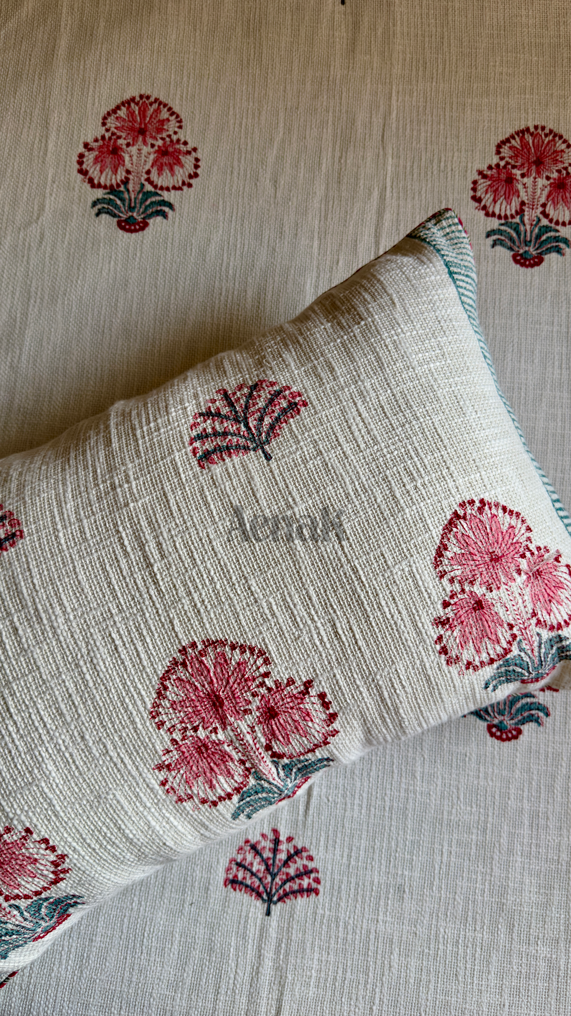 Pink Palm Handblock Printed Jute Cotton Bedcover