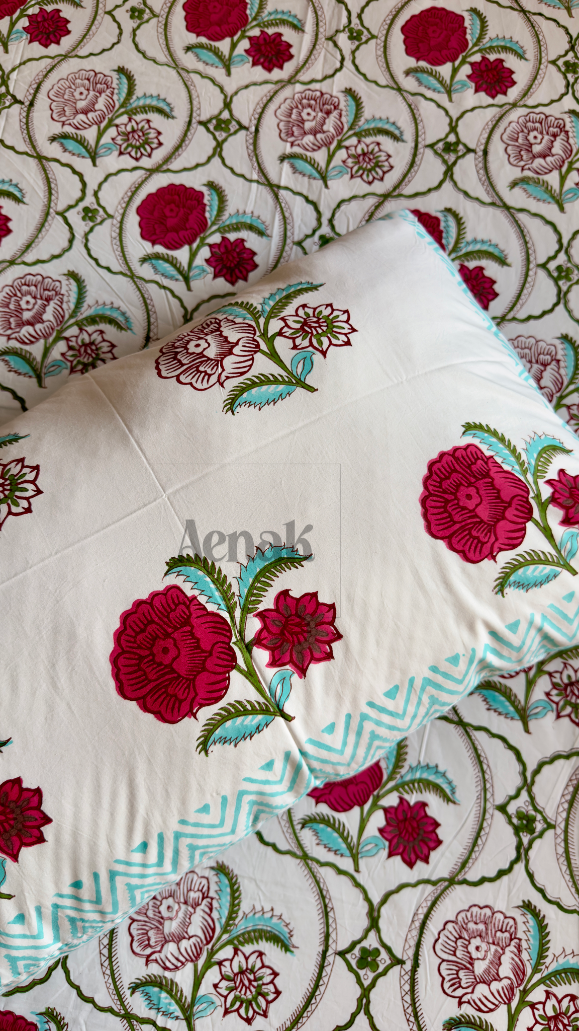 Red Rose Jaal Handblock Printed Premium Cotton Bedsheet