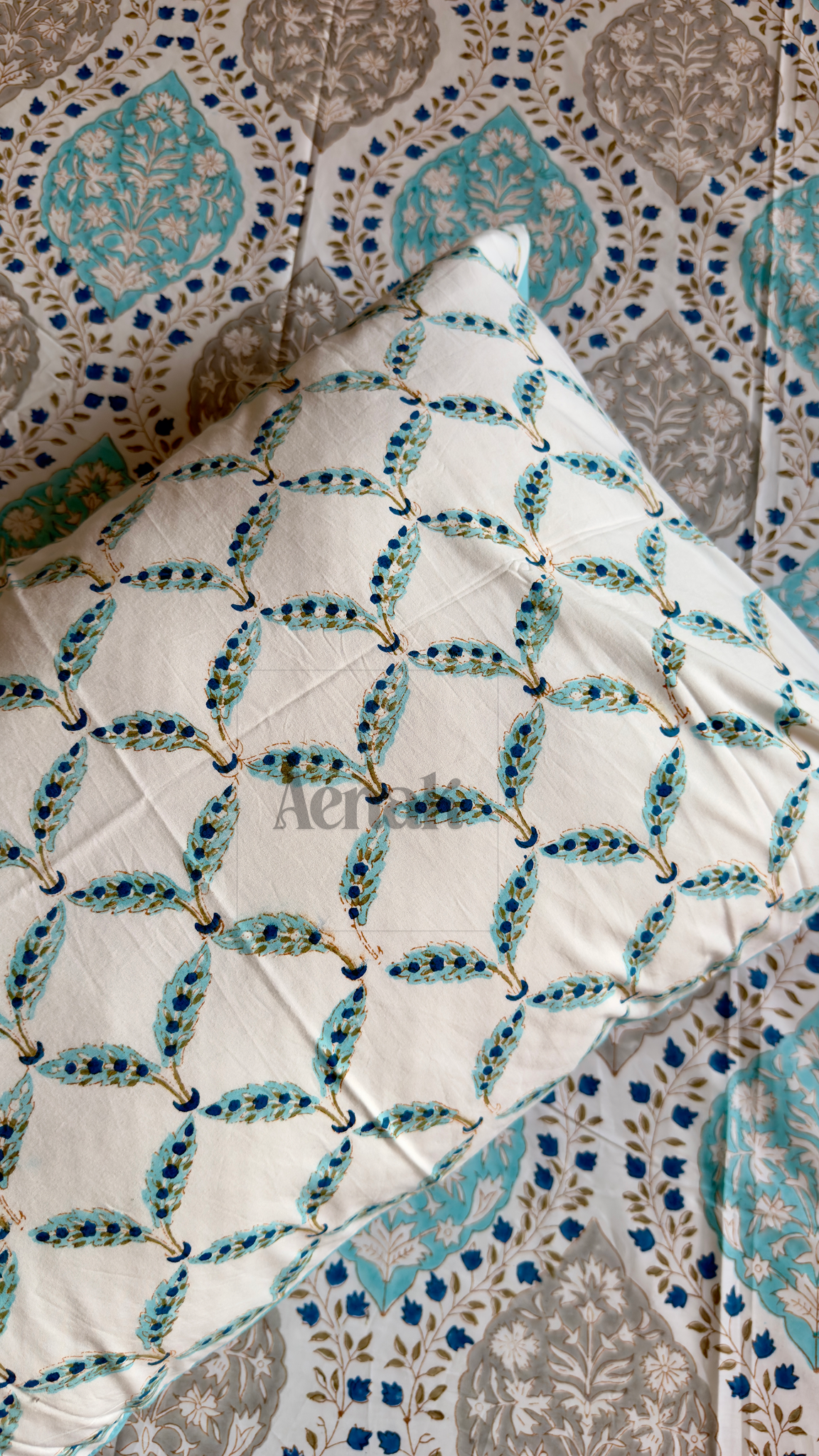 Blue Jaal Handblock Printed Premium Cotton Fitted Bedsheet Set