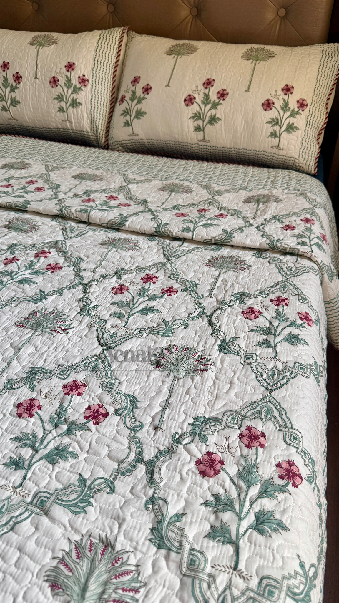 Sage Green Jaal Handblock Printed Reversible Quilted Cotton Bedcover
