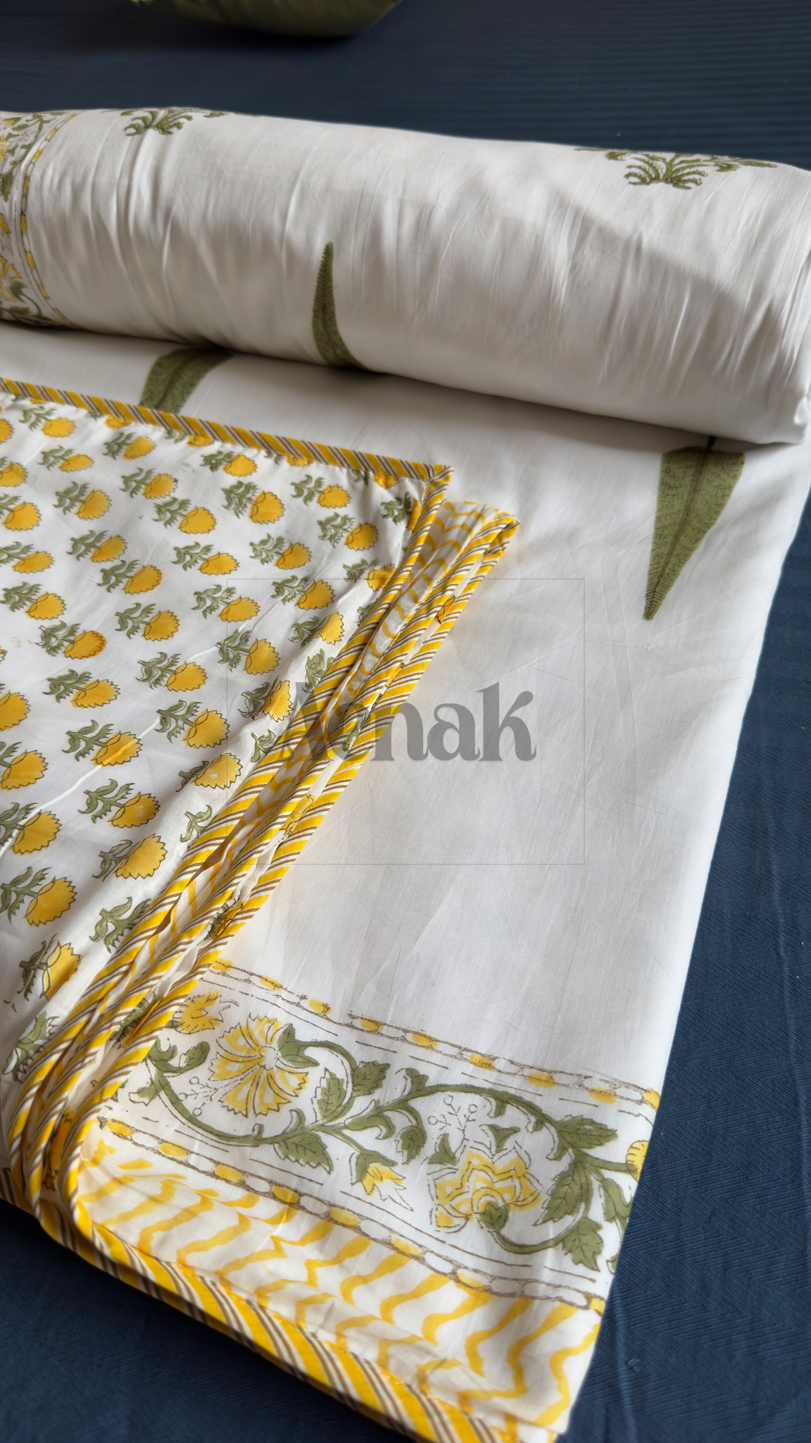 Yellow Marigold Handblock Printed Mulmul Cotton Reversible Dohar