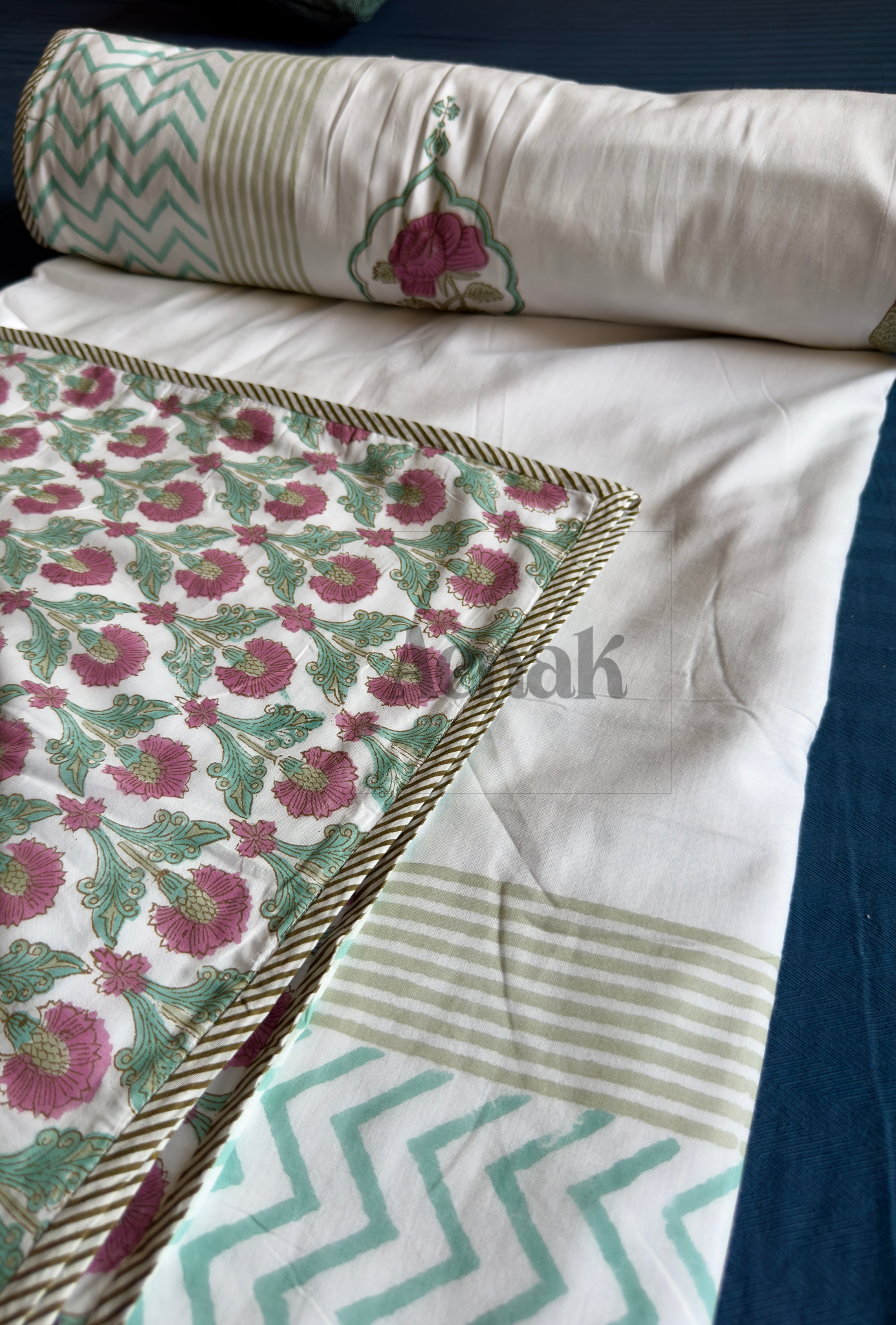 Purple Rose Handblock Printed Mulmul Cotton Reversible Dohar