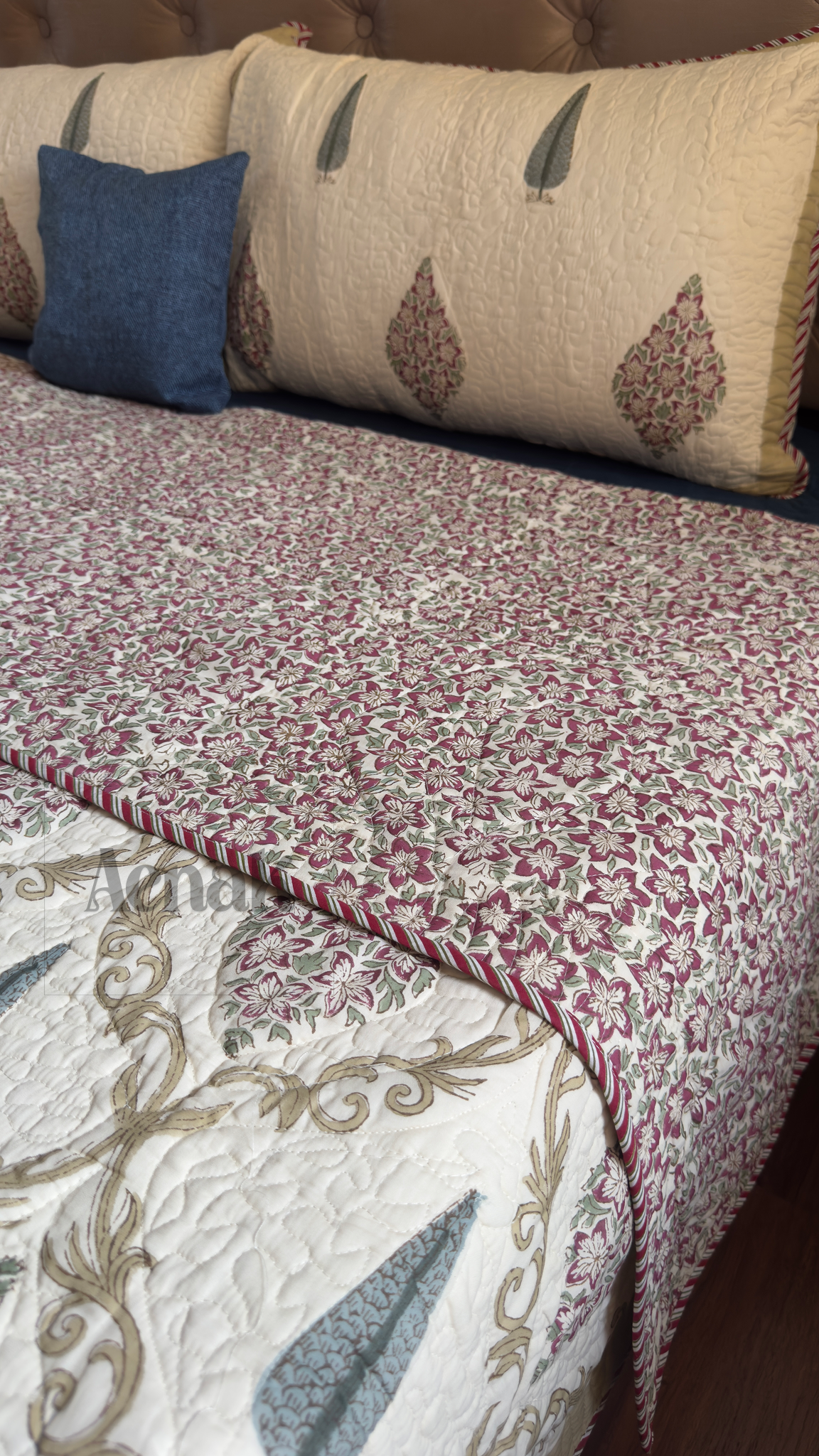 Maroon & Blue Cypress Handblock Printed Reversible Quilted Bedcover (Non-White)