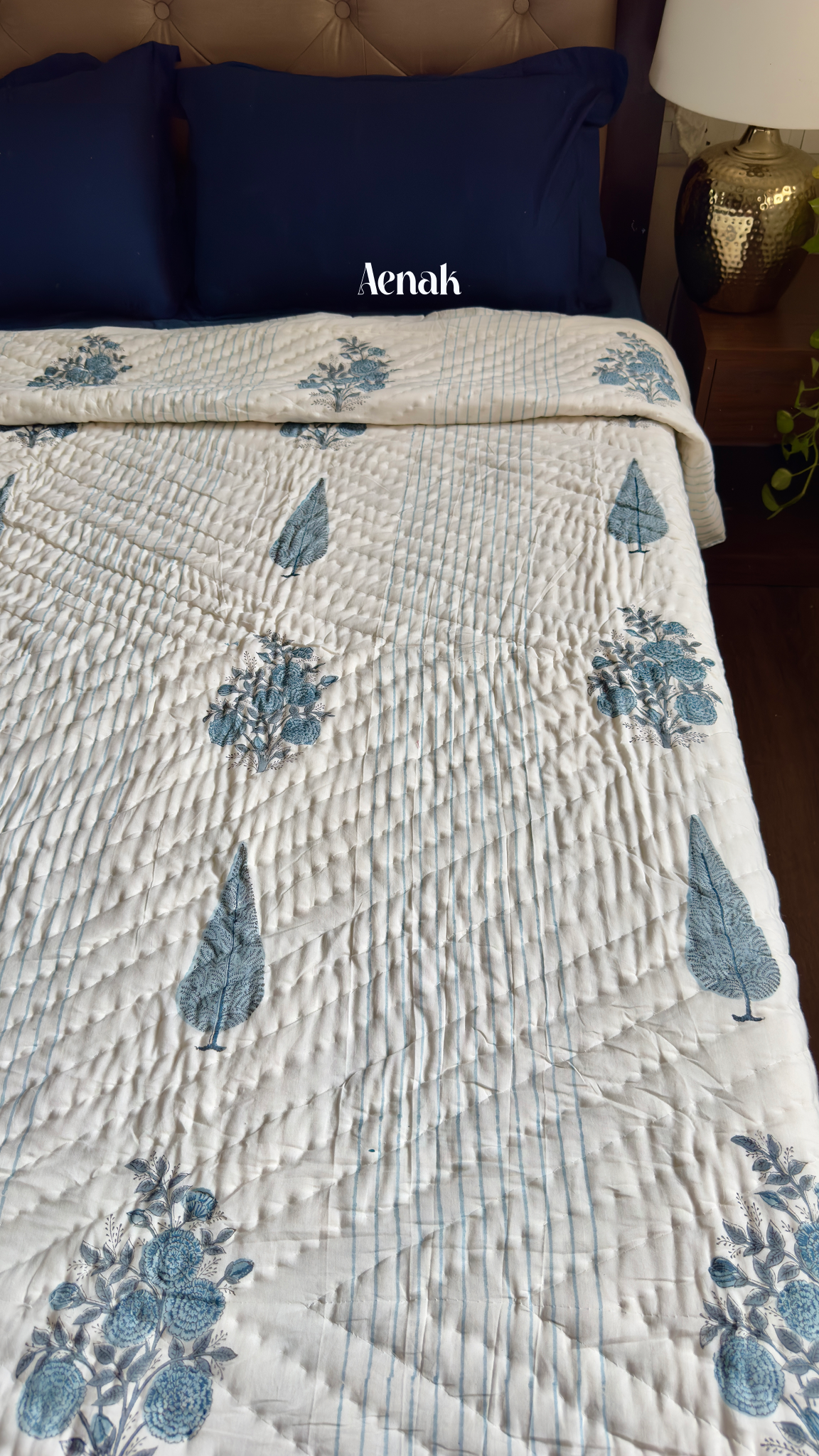 Blue Phool Boota Handblock Bedsheet + Quilt Combo Set