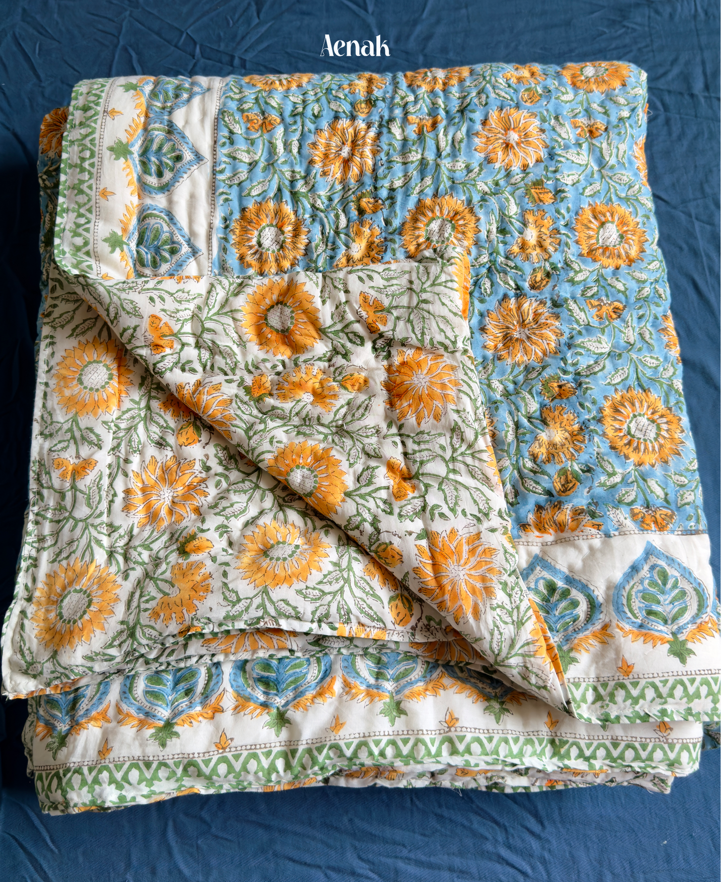 Blue & Yellow Floral Garden Handblock Printed Reversible Mulmul Cotton Quilt