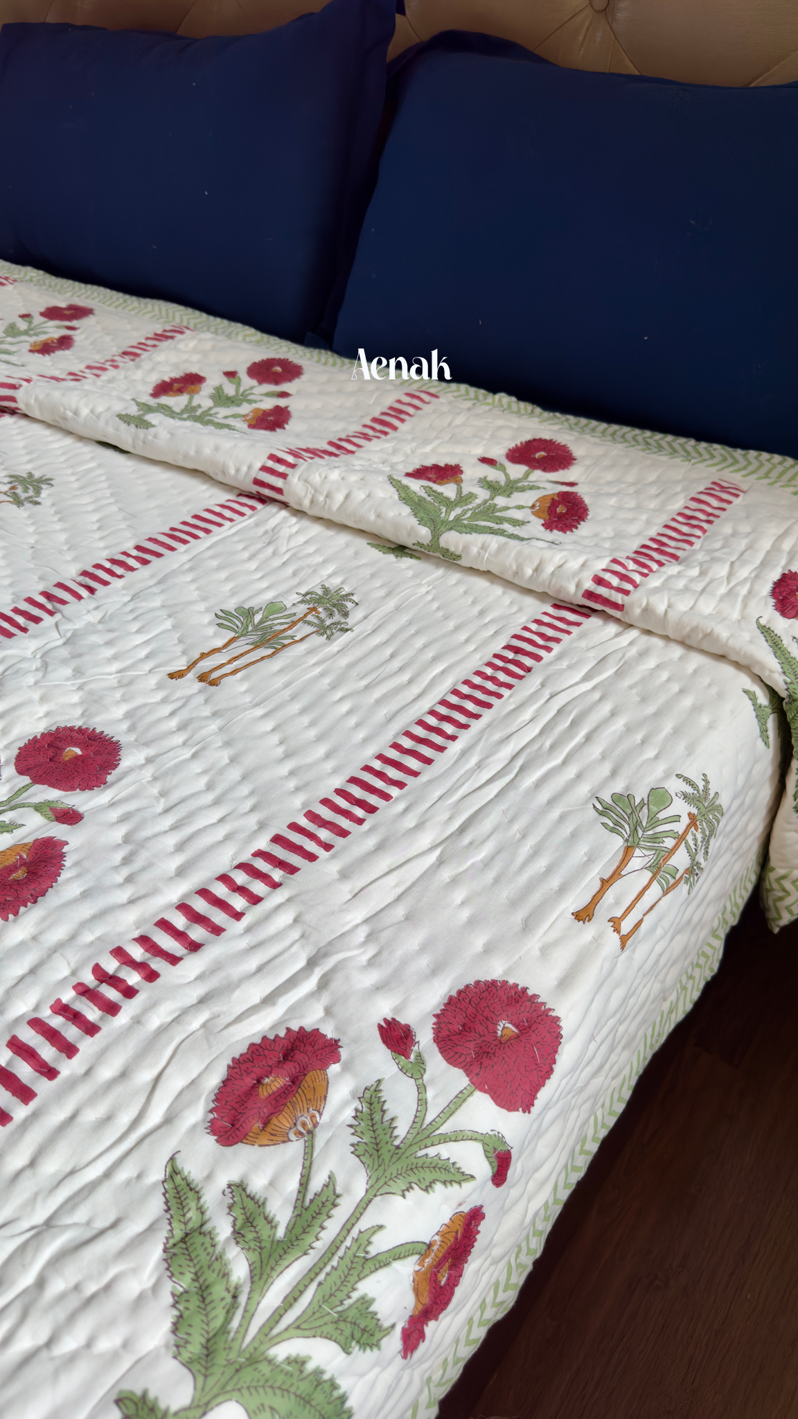 Red Dahlia Handblock Printed Reversible Mulmul Cotton Quilt