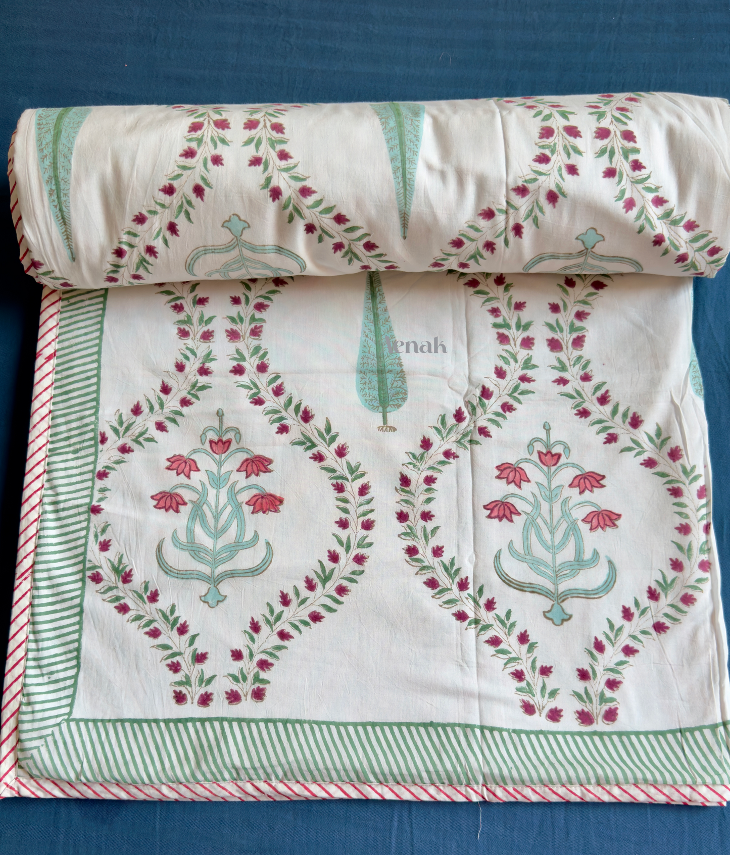 Teal Green Cypress Handblock Reversible Mulmul Cotton Dohar