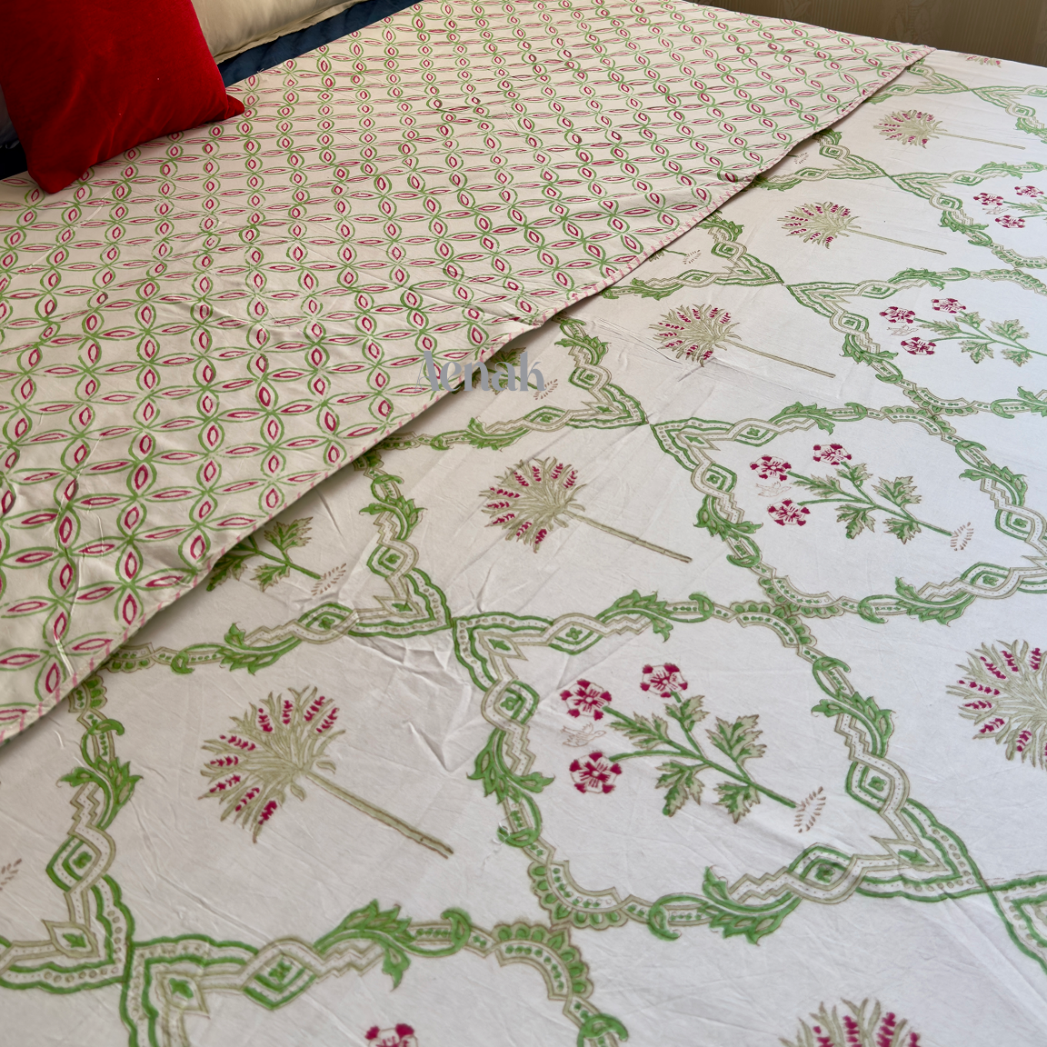 Pink Palm Jaal Handblock Bedsheet + Dohar Combo