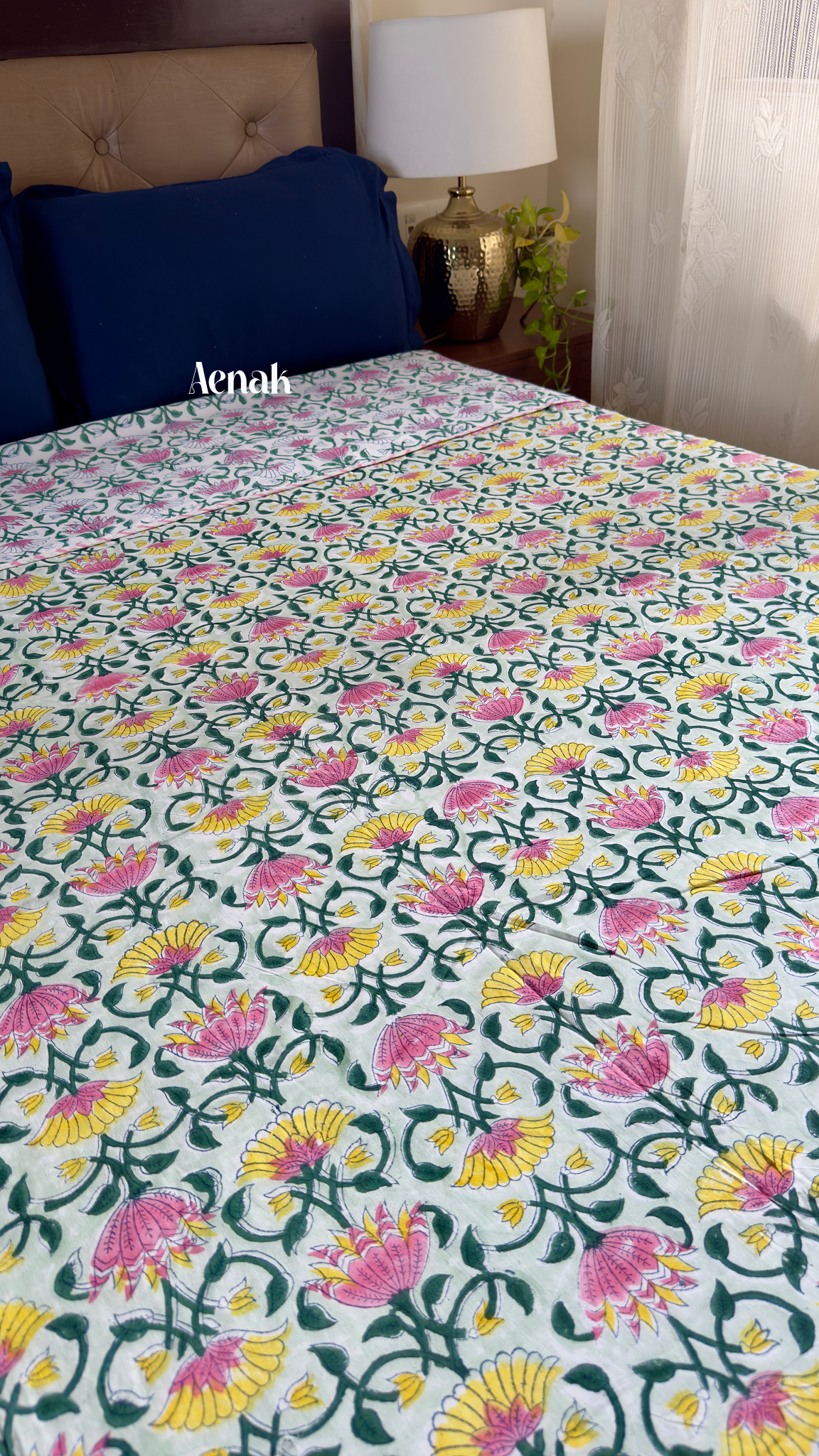 Pink & Yellow Lotus Handblock Printed Mulmul Cotton Reversible Dohar