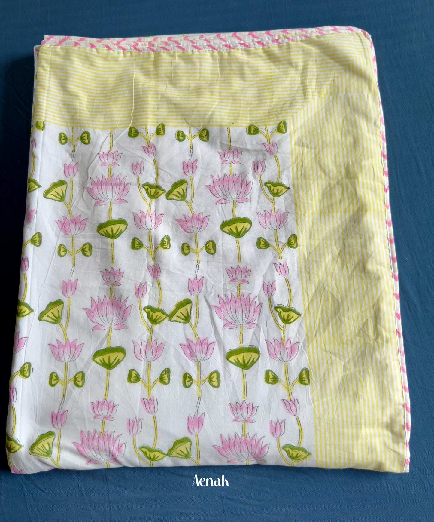 Pichwai Lotus Handblock Mulmul Cotton Reversible Dohar