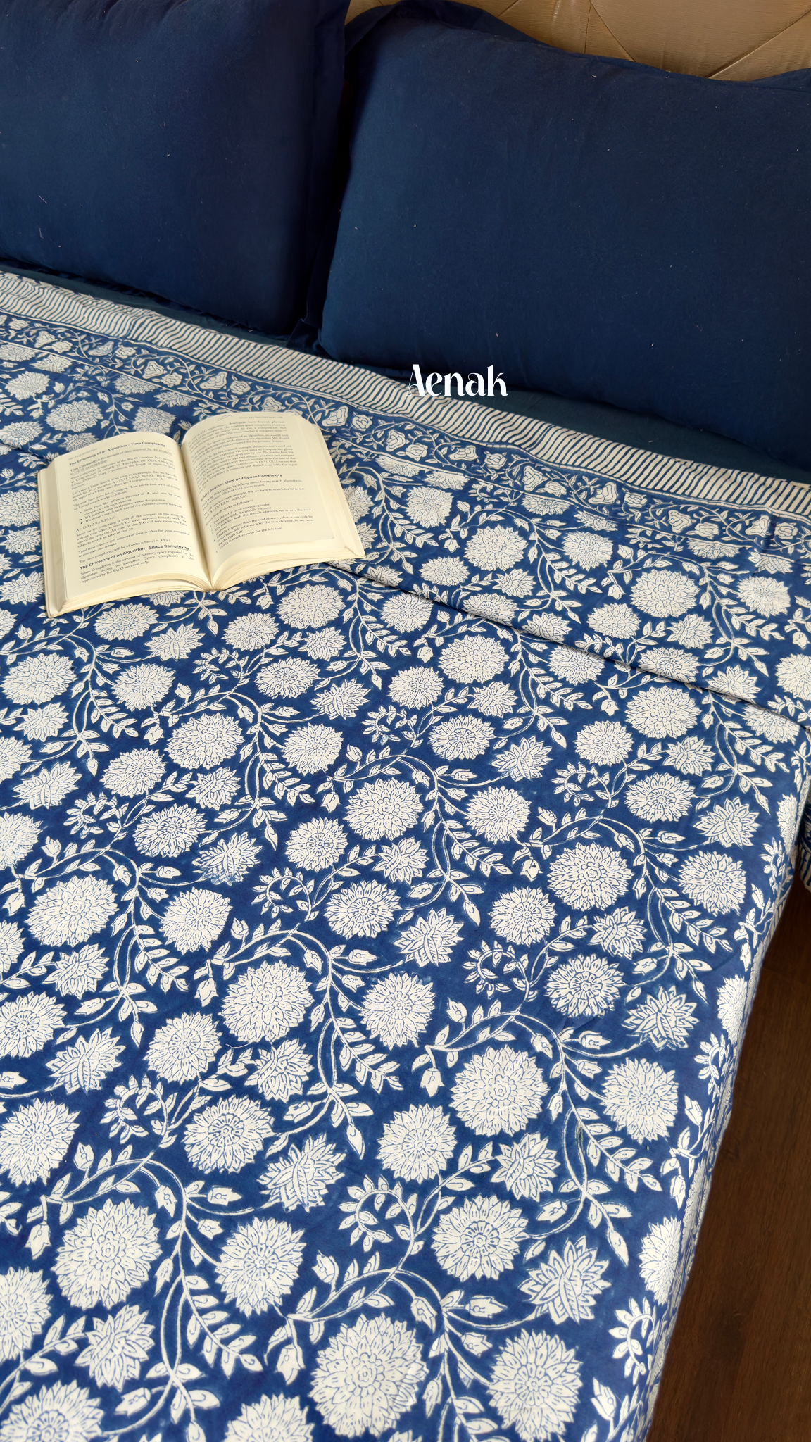 Blue Floral Garden Handblock Printed Mulmul Cotton Reversible Dohar