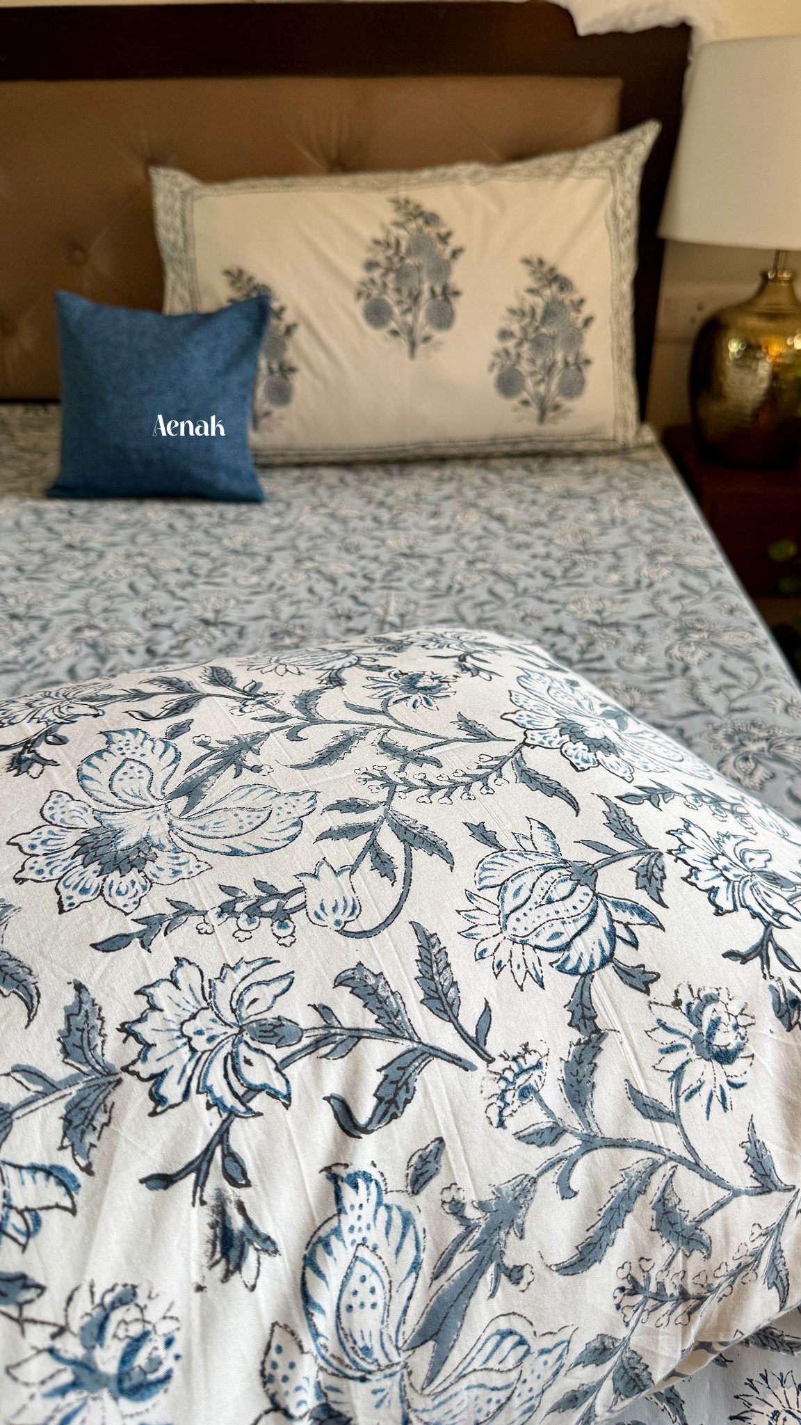 Blue Phool Boota Handblock Printed Premium Cotton Bedsheet