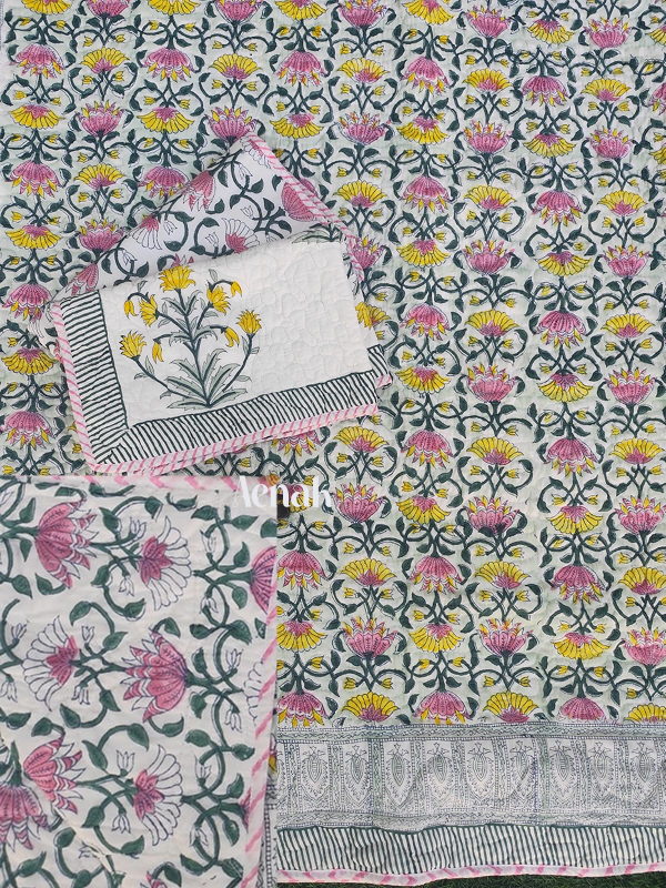 Pink Yellow Lotus Handblock Bedsheet + Quilted Bedcover Combo