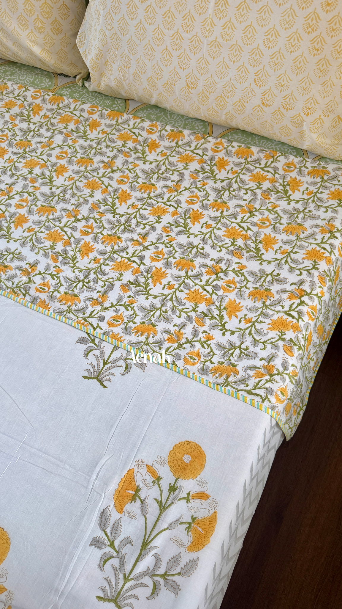 Yellow Dahlia Garden Handblock Printed Mulmul Cotton Reversible Dohar
