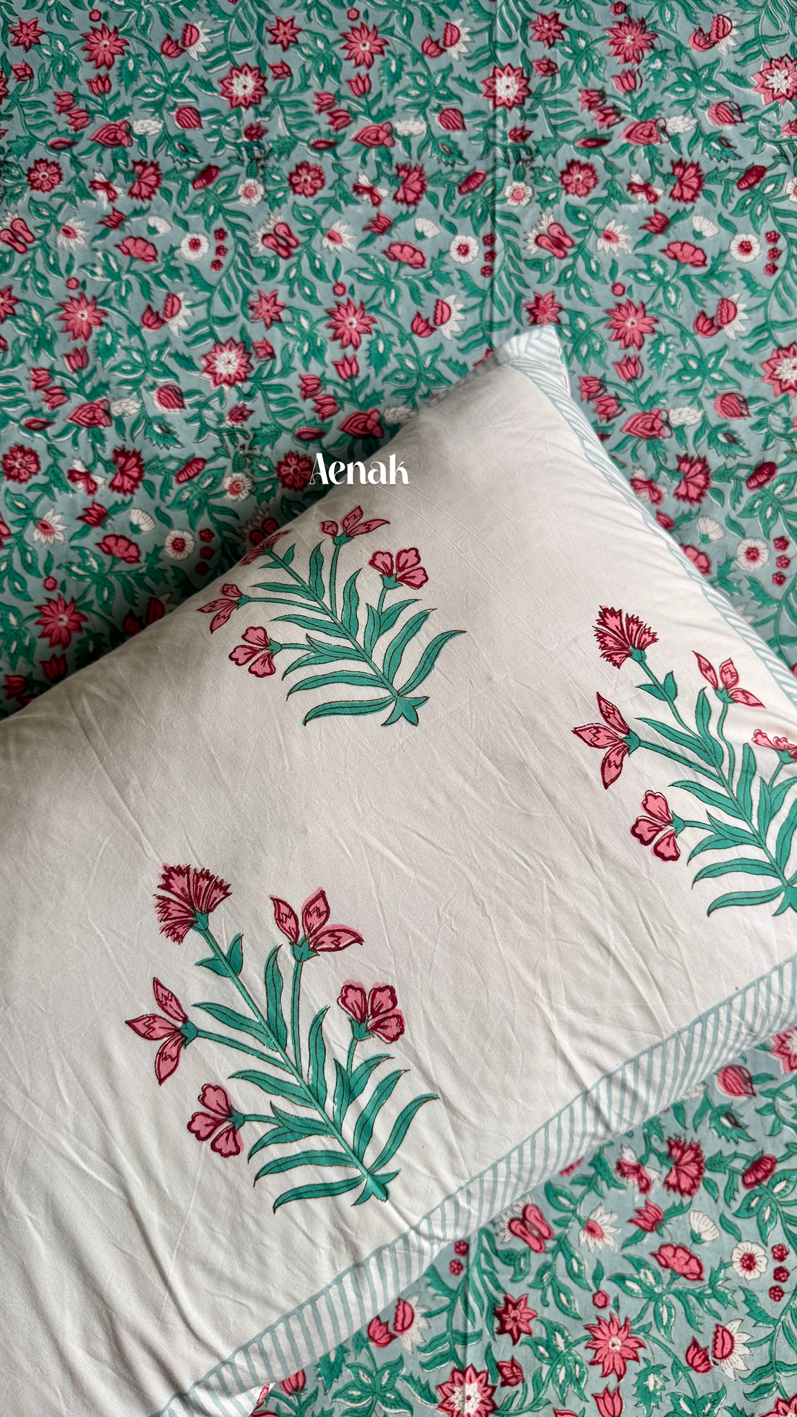 Sage Green Floral Handblock Printed Premium Cotton Bedsheet