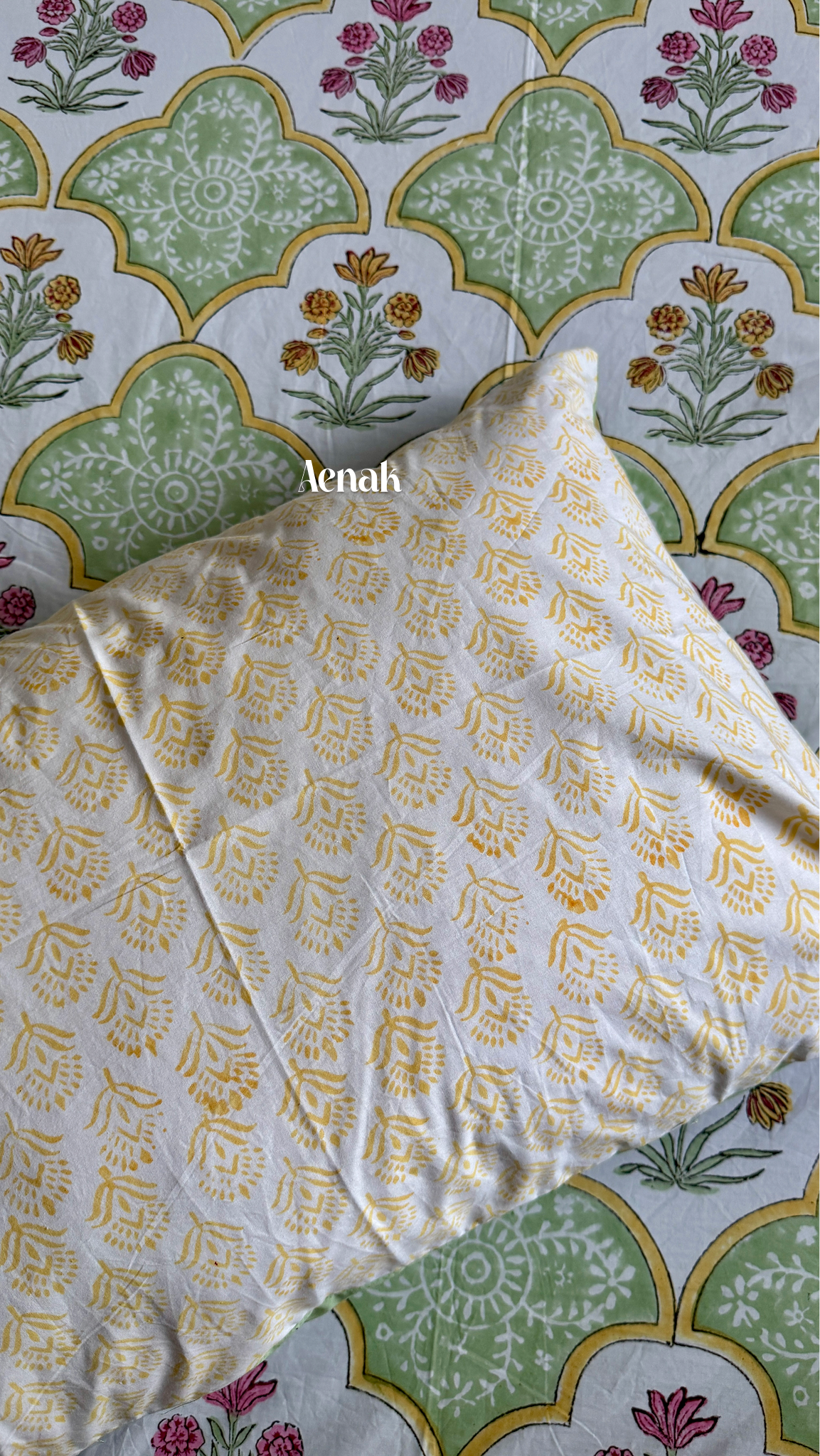 Mint Green & Yellow Handblock Printed Premium Cotton Bedsheet