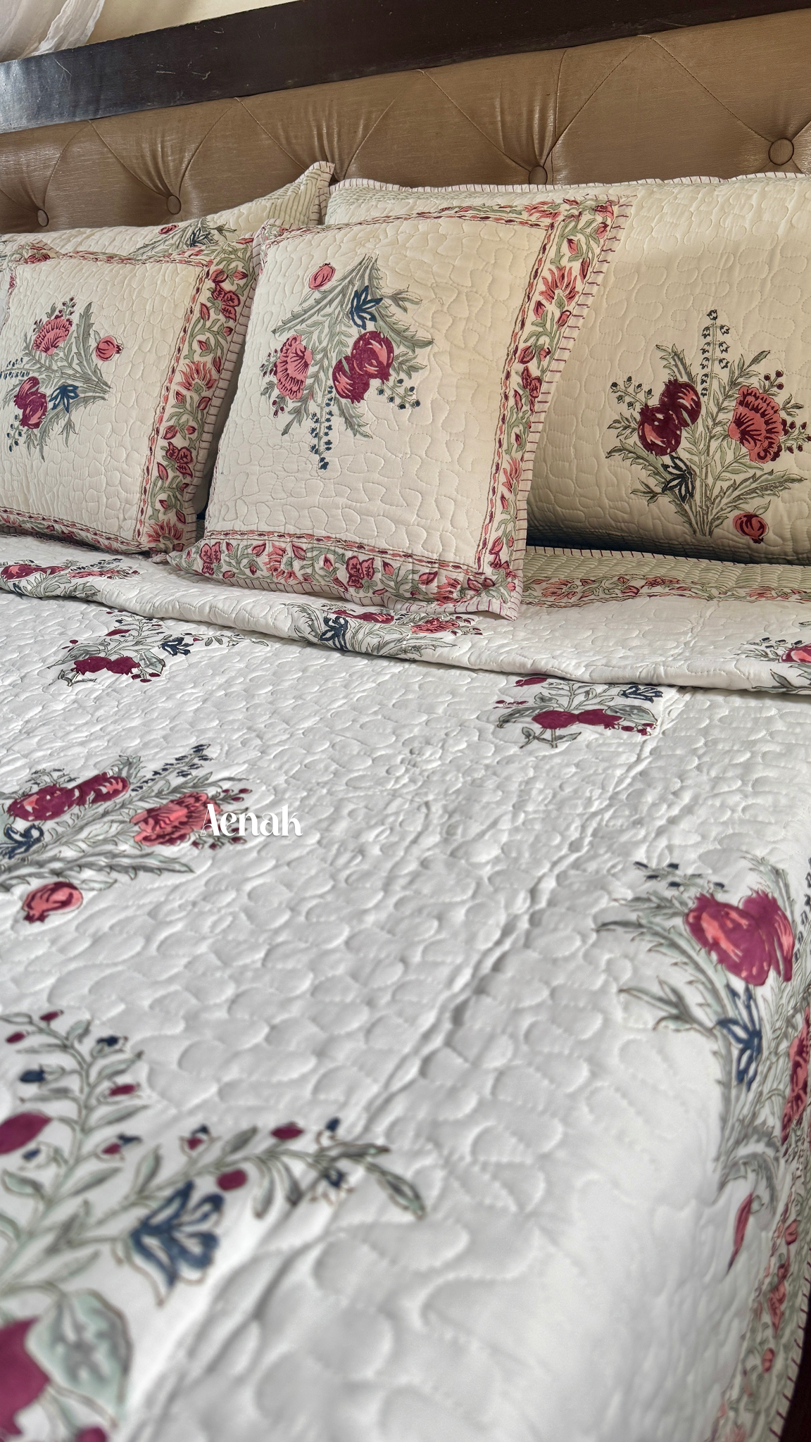 Burgundy Anaar Handblock Bedsheet + Quilted Bedcover Combo