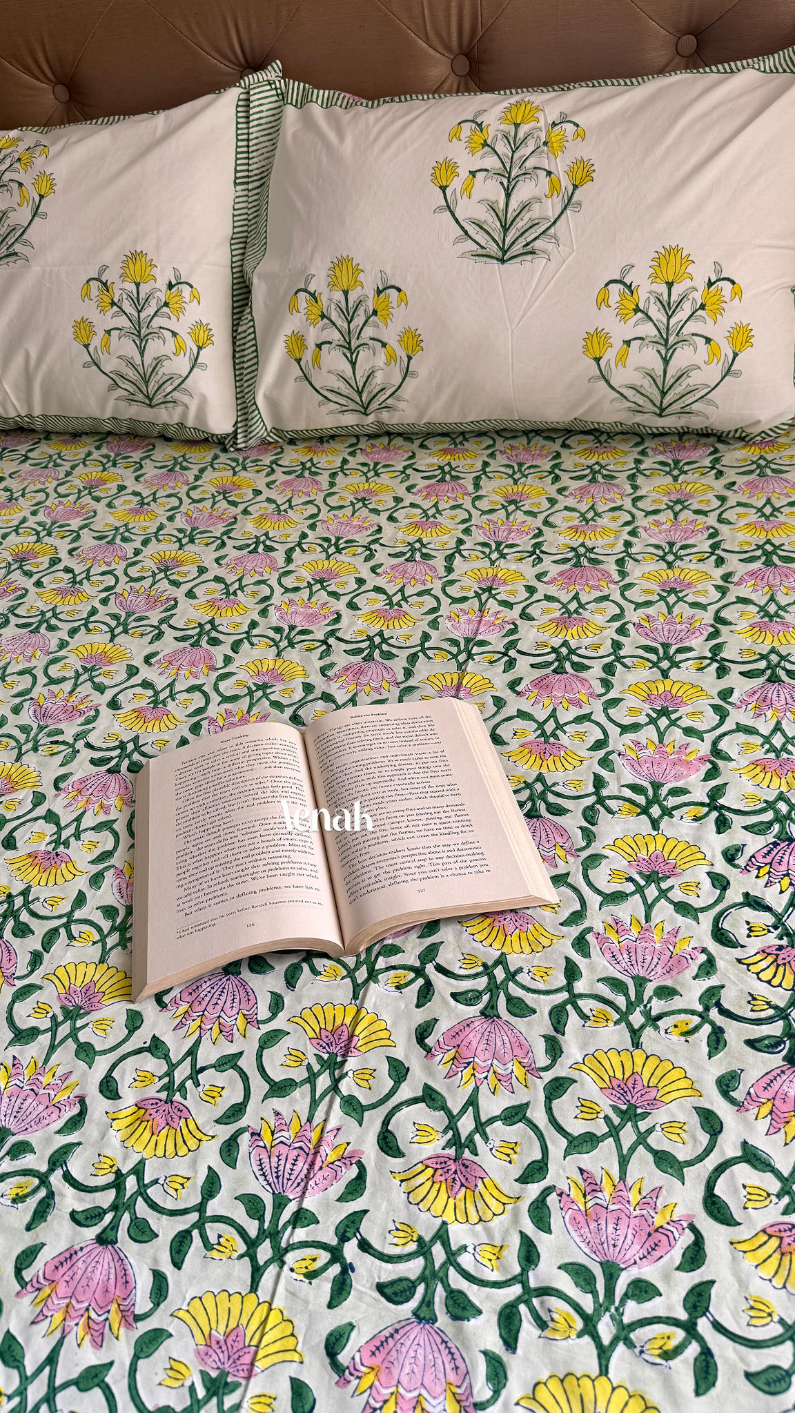 Pink & Yellow Lotus Handblock Printed Premium Cotton Bedsheet