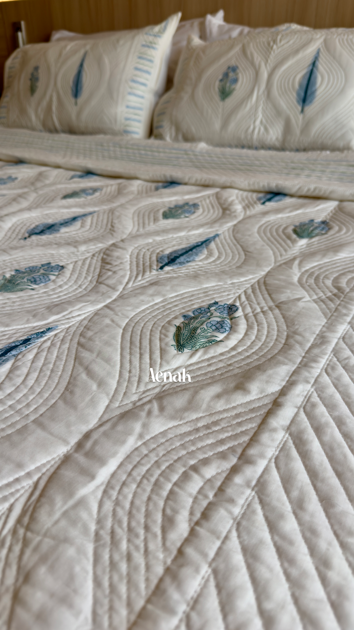 White Embossed Handblock Printed Quilted Bedcover