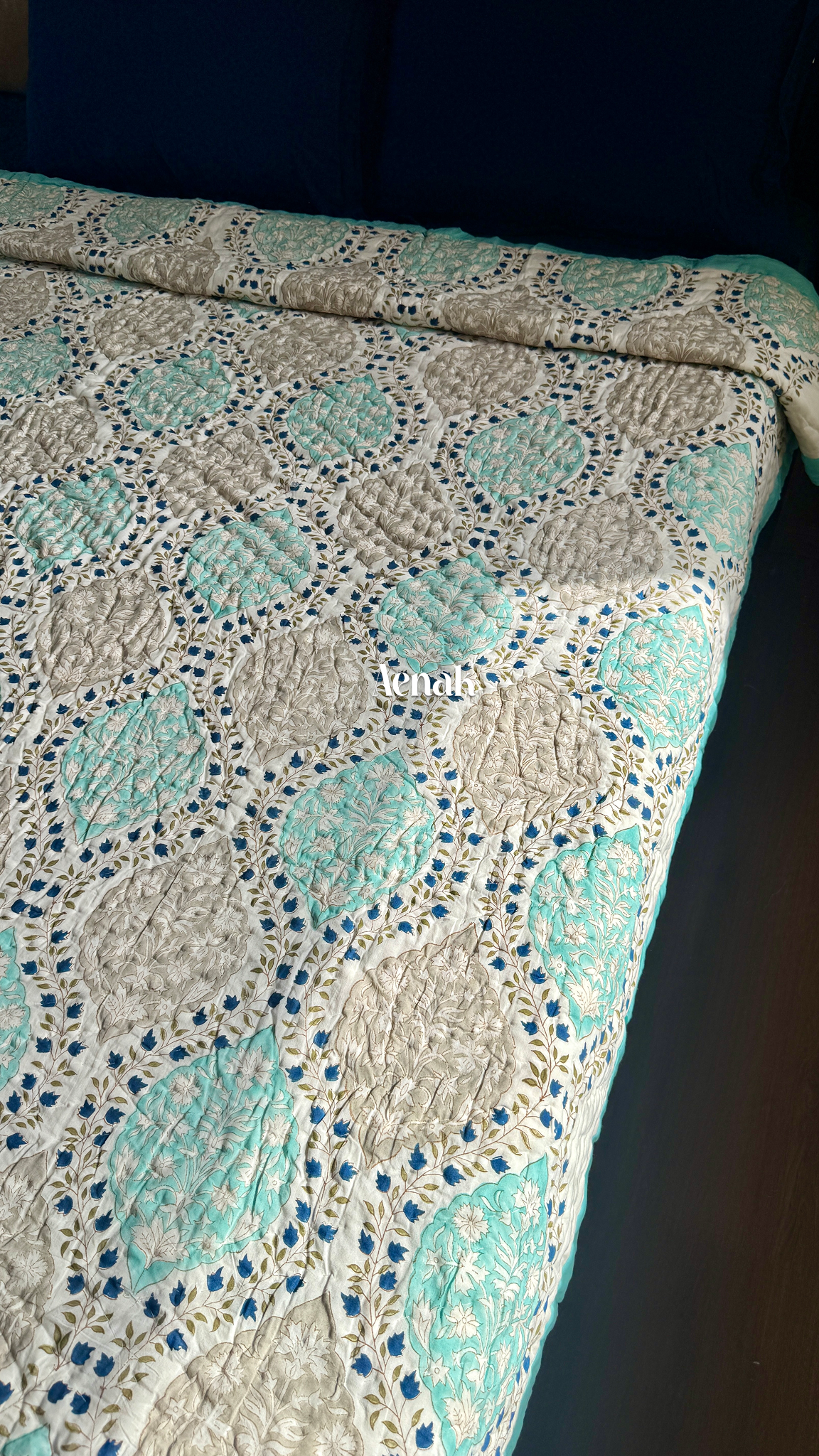 Blue Jaal Handblock Printed Reversible Mulmul Cotton Quilt