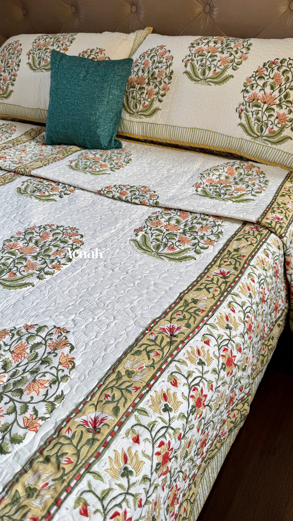 Yellow Phool Boota Handblock Printed Reversible Quilted Bedcover Set