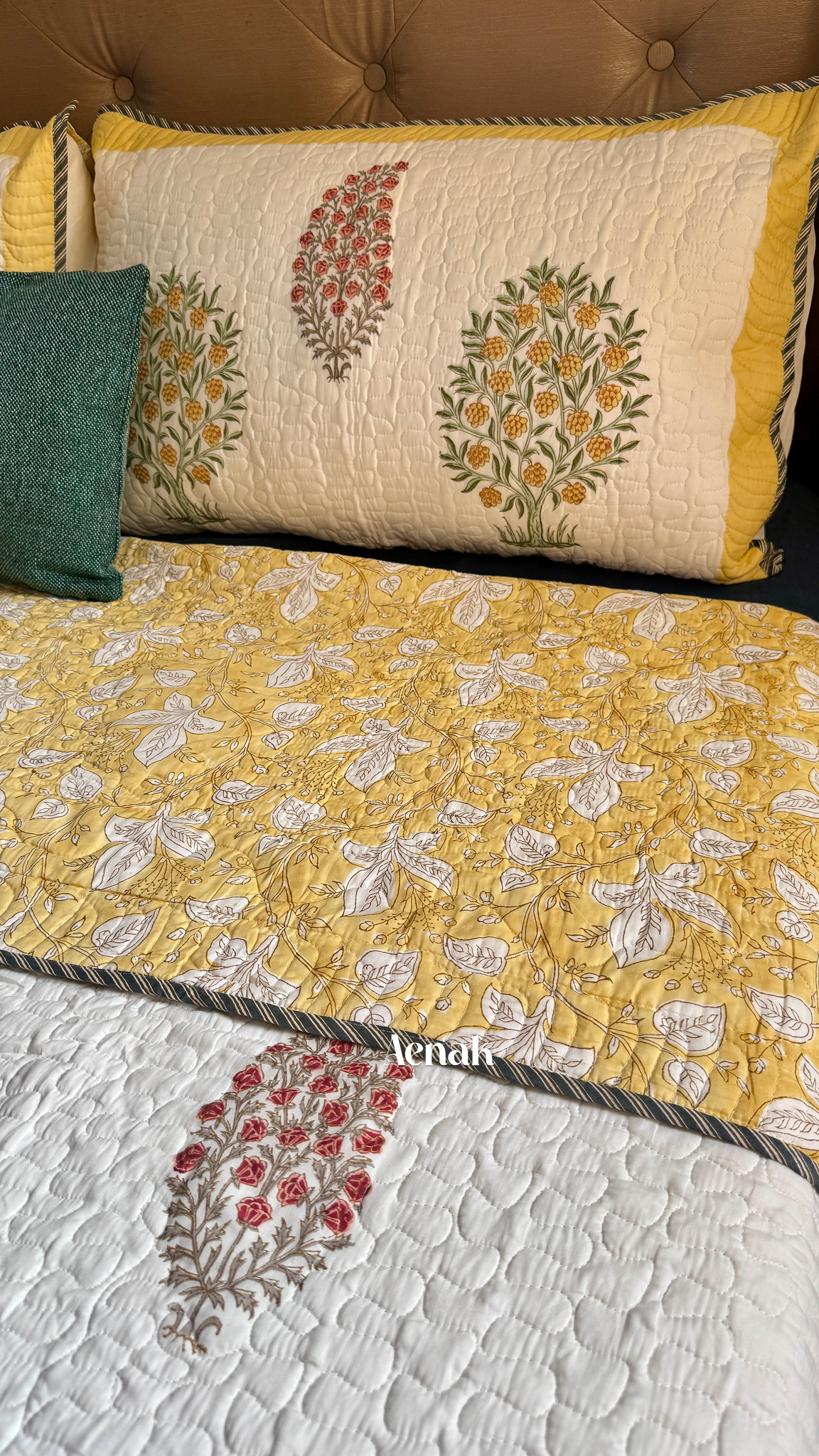 Yellow & Red Phool Boota Handblock Printed Reversible Quilted Bedcover