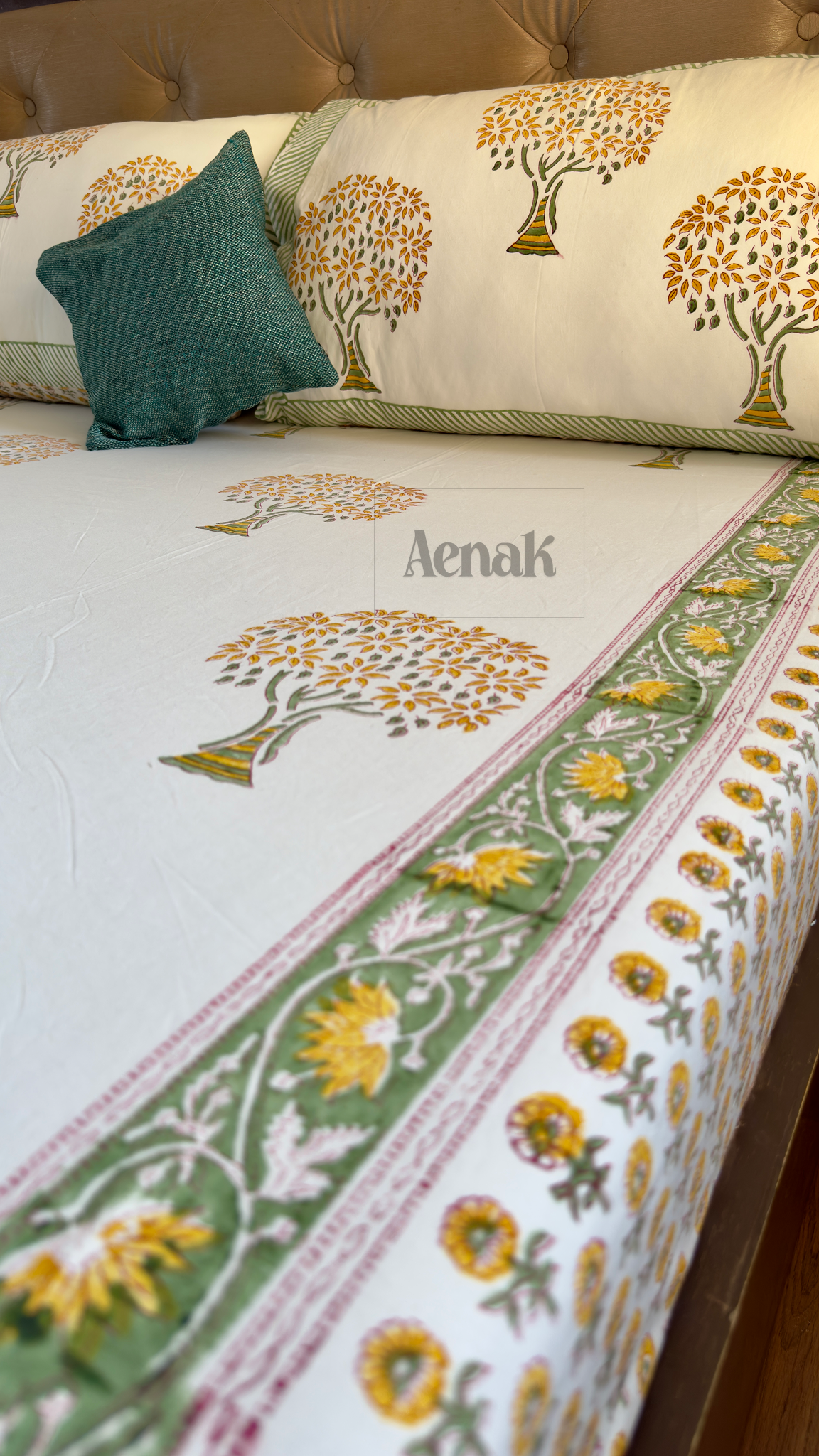 Yellow Buddha Tree Handblock Printed Premium Cotton Bedsheet