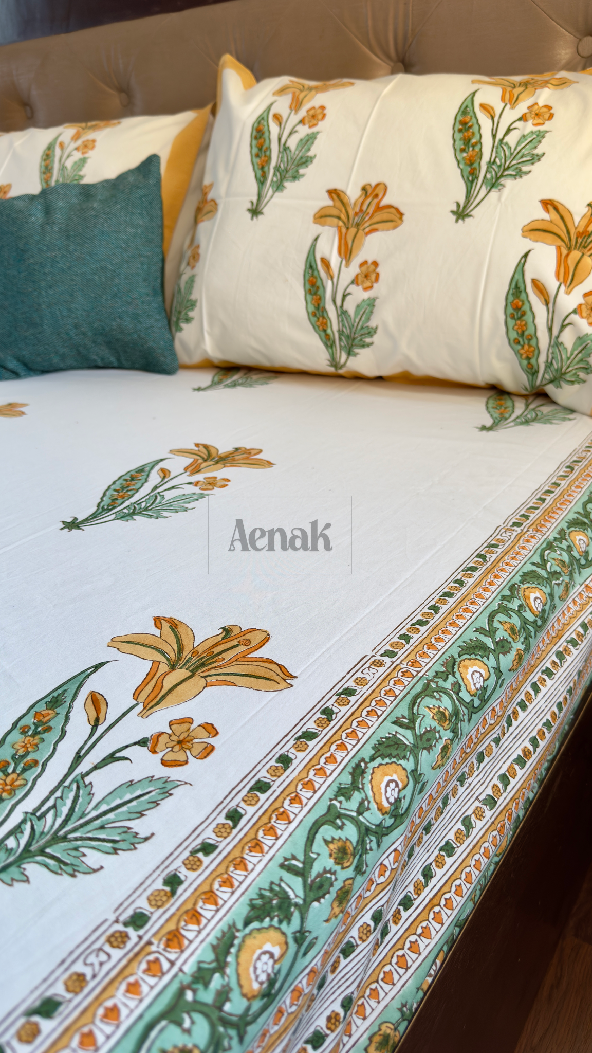 Yellow Lily Handblock Bedsheet + Quilted Bedcover Combo