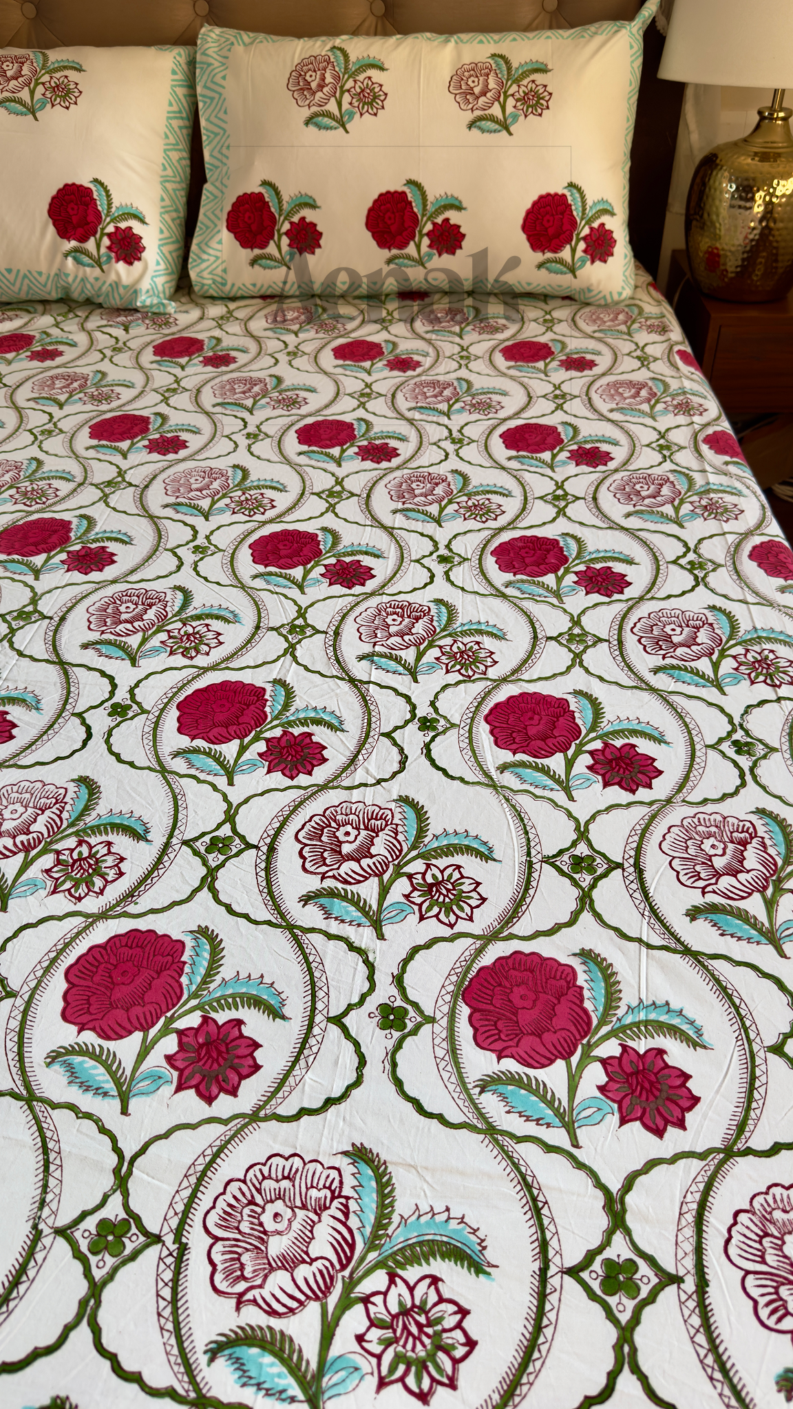 Red Rose Jaal Handblock Printed Premium Cotton Bedsheet