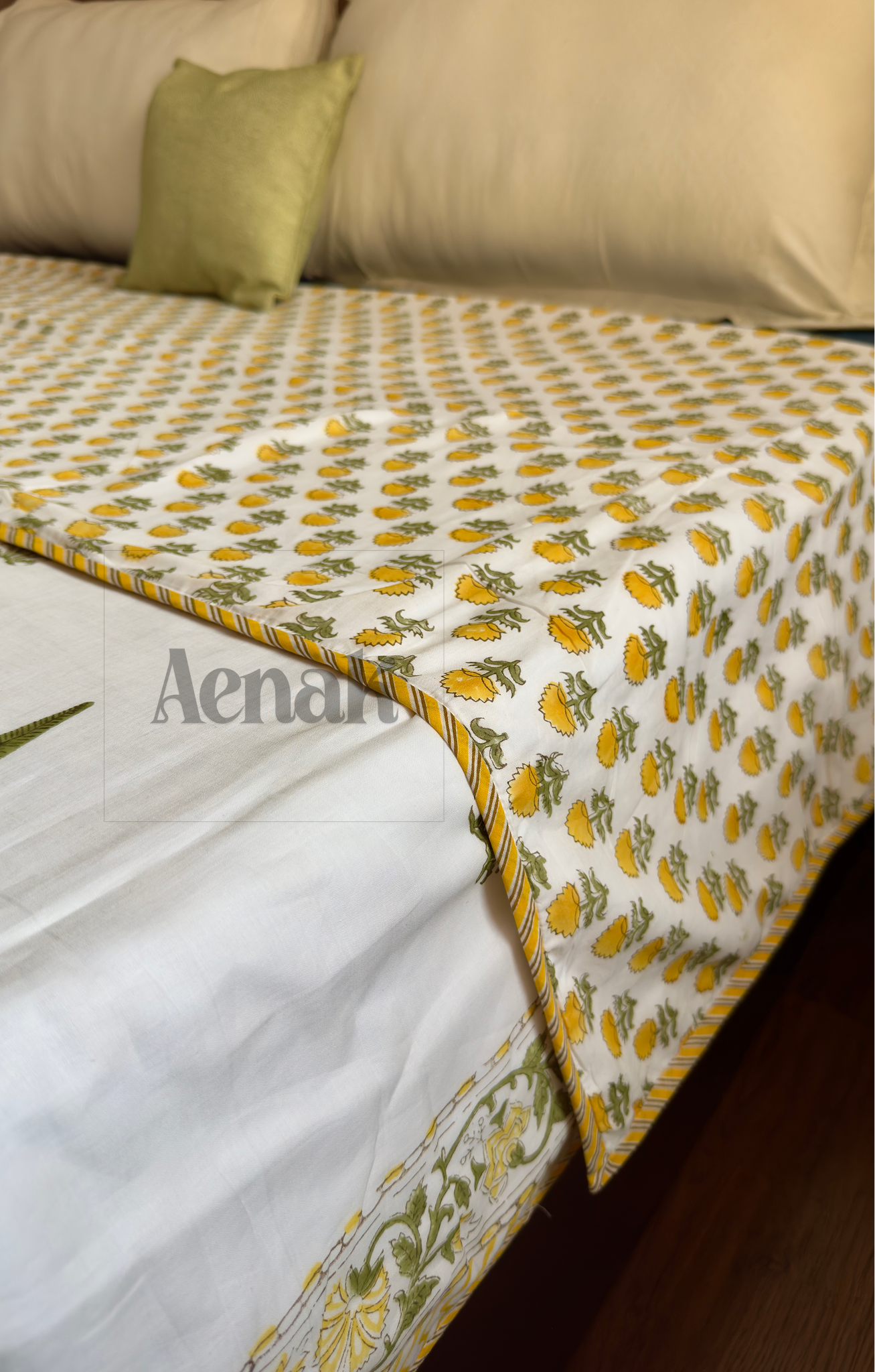 Yellow Marigold Handblock Printed Mulmul Cotton Reversible Dohar