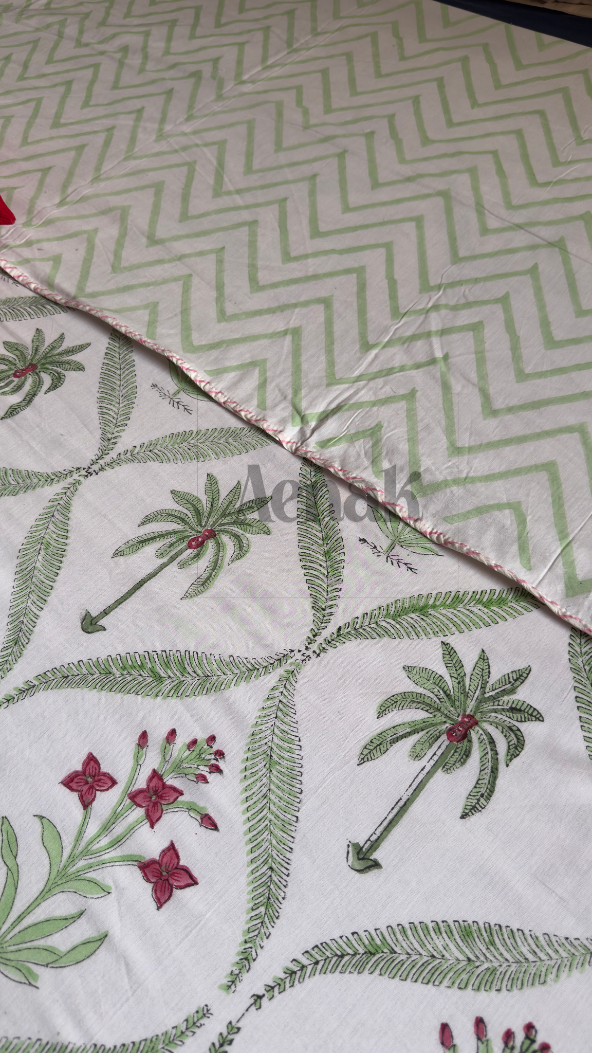 Green Palm Handblock Bedsheet + Dohar Combo