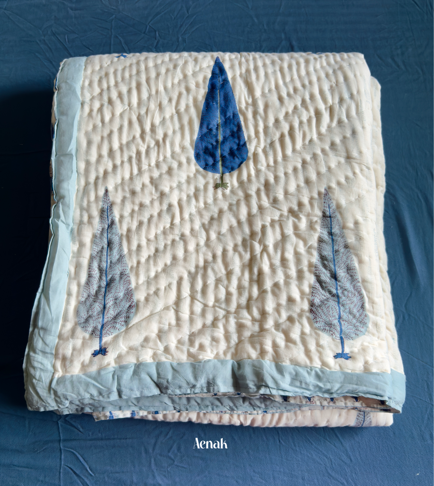 Blue Cypress Handblock Reversible Mulmul Cotton Quilt