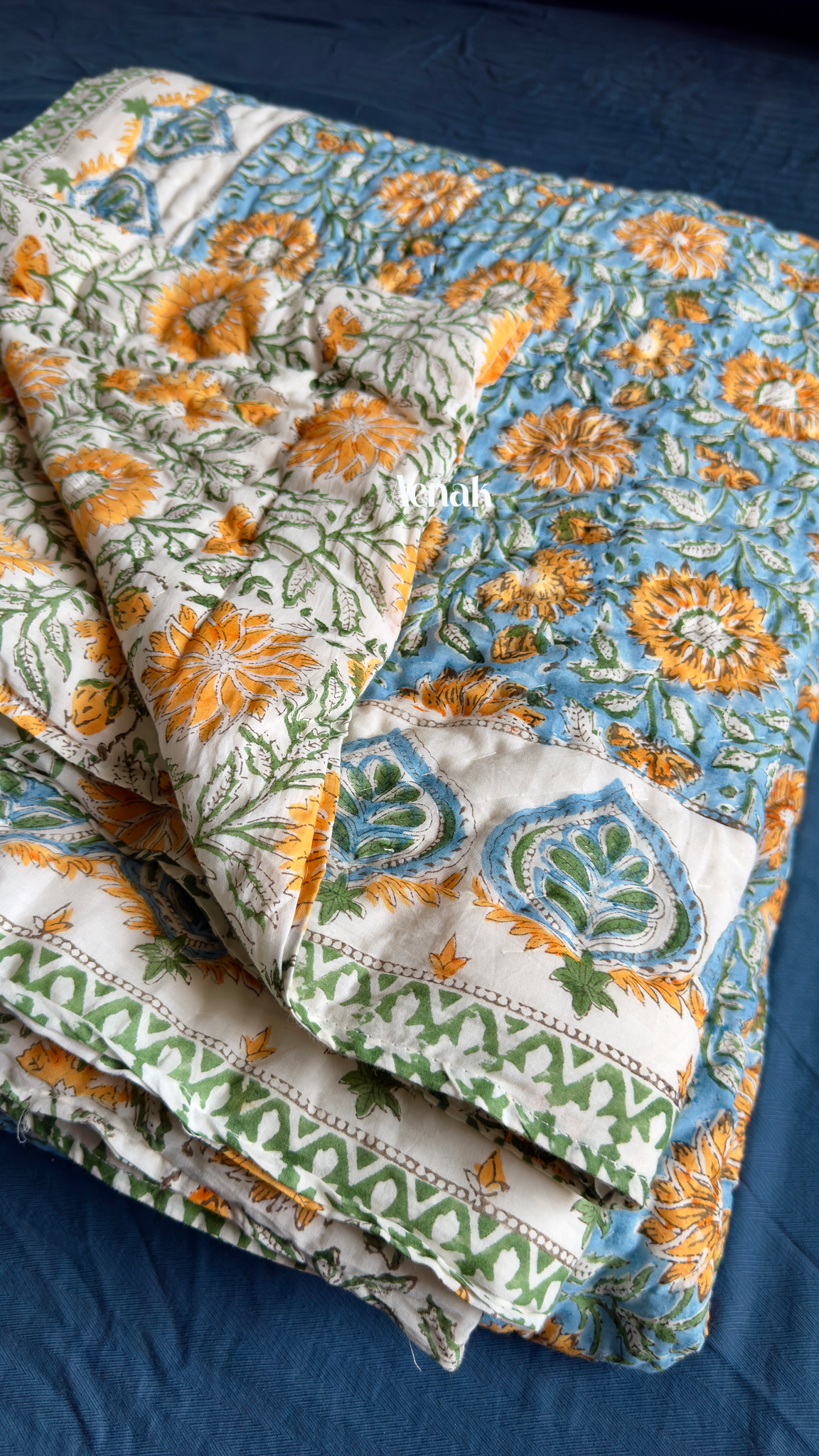 Blue & Yellow Floral Garden Handblock Printed Reversible Mulmul Cotton Quilt