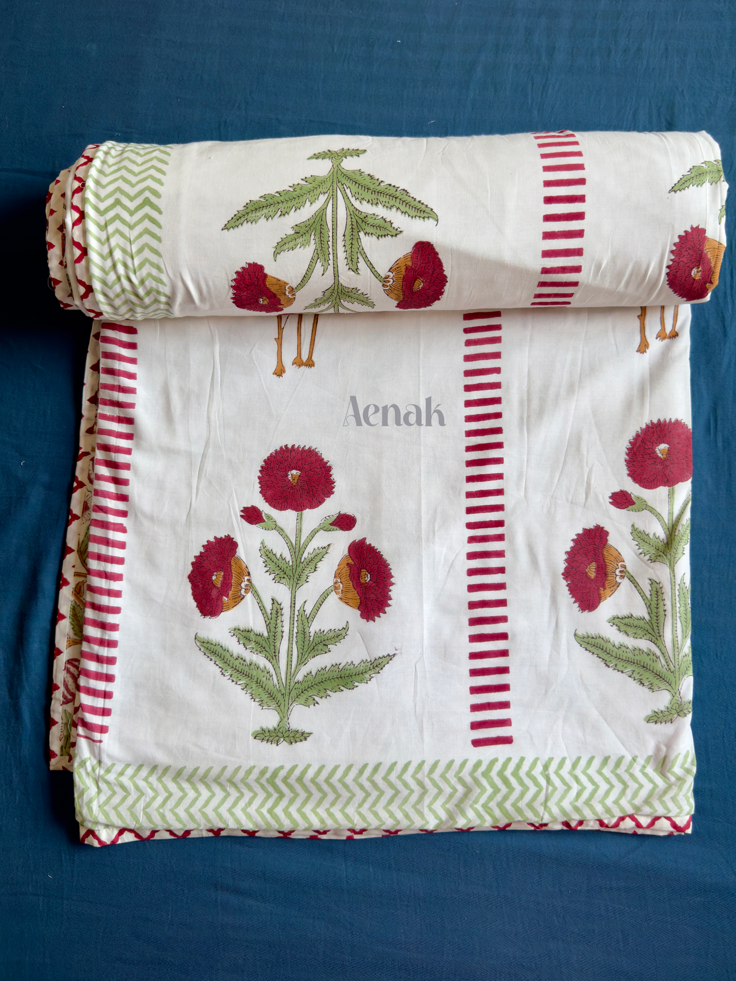 Red Dahlia Handblock Bedsheet + Dohar Combo