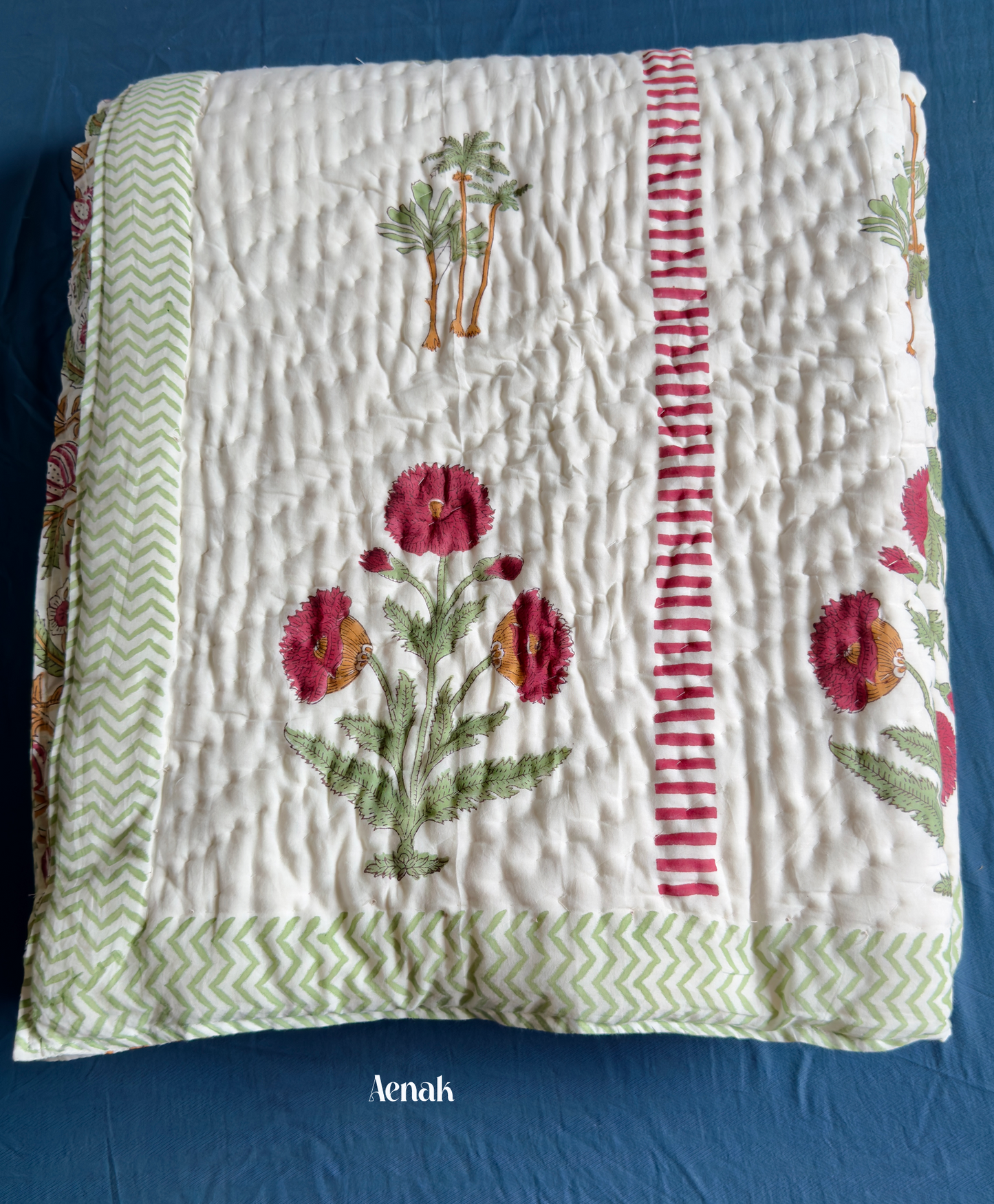 Red Dahlia Handblock Printed Reversible Mulmul Cotton Quilt