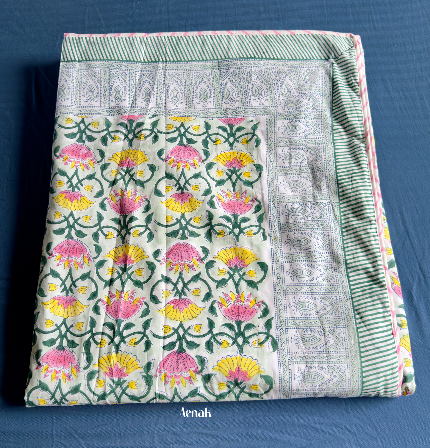 Pink & Yellow Lotus Handblock Bedsheet + Dohar Combo