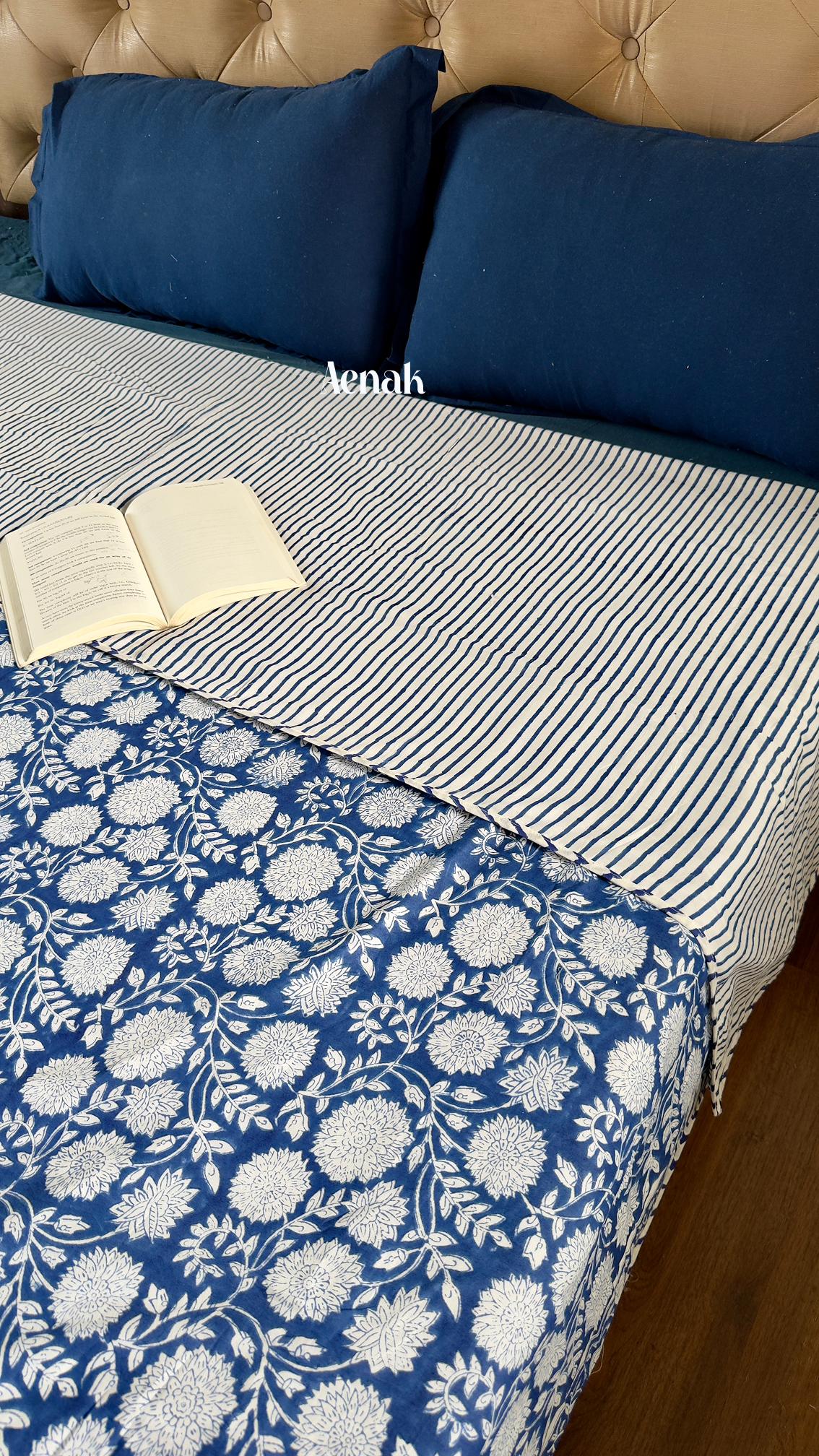 Blue Floral Garden Handblock Printed Mulmul Cotton Reversible Dohar