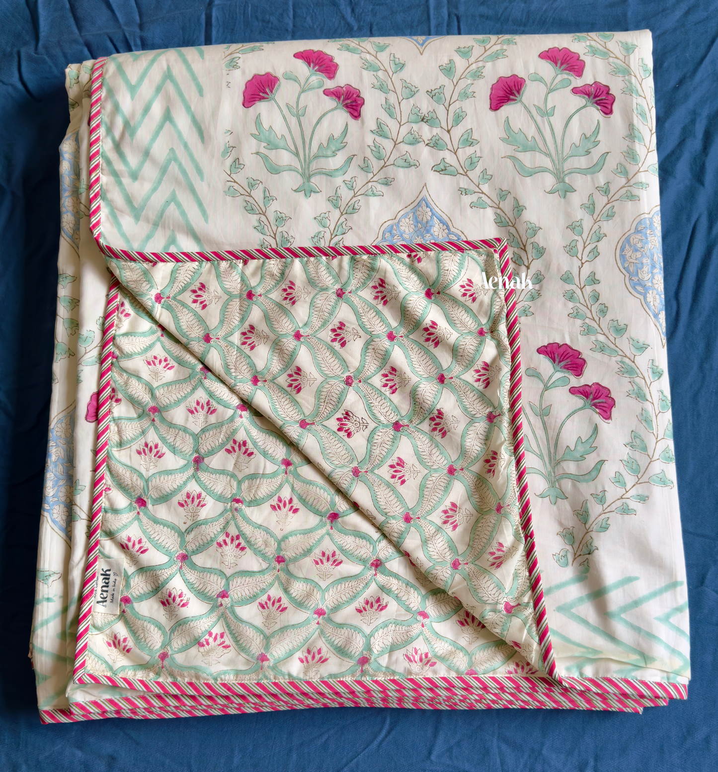 Pink Poppy Jaal Handblock Printed Mulmul Cotton Reversible Dohar (Non-White)