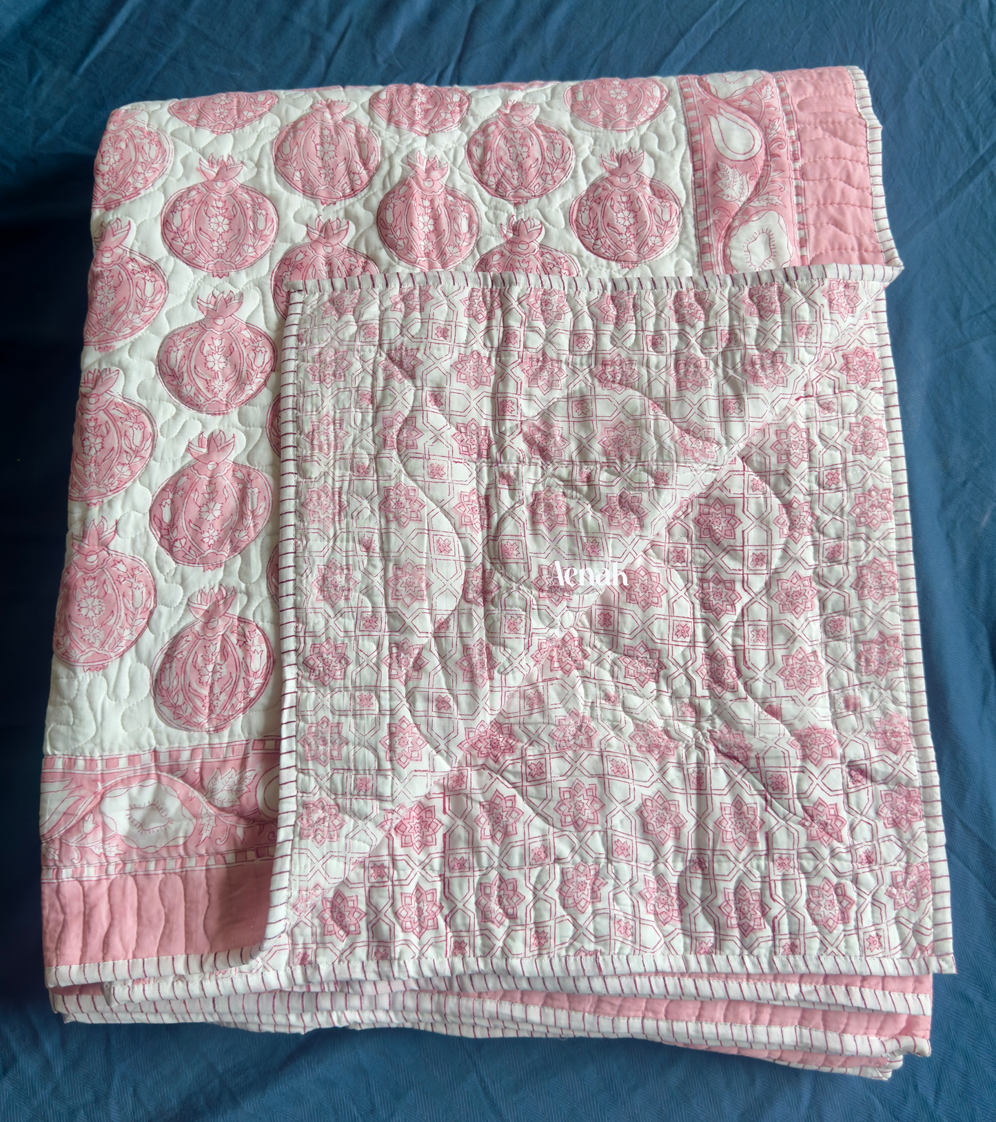 Pink Anaar Handblock Bedsheet + Quilted Bedcover Combo