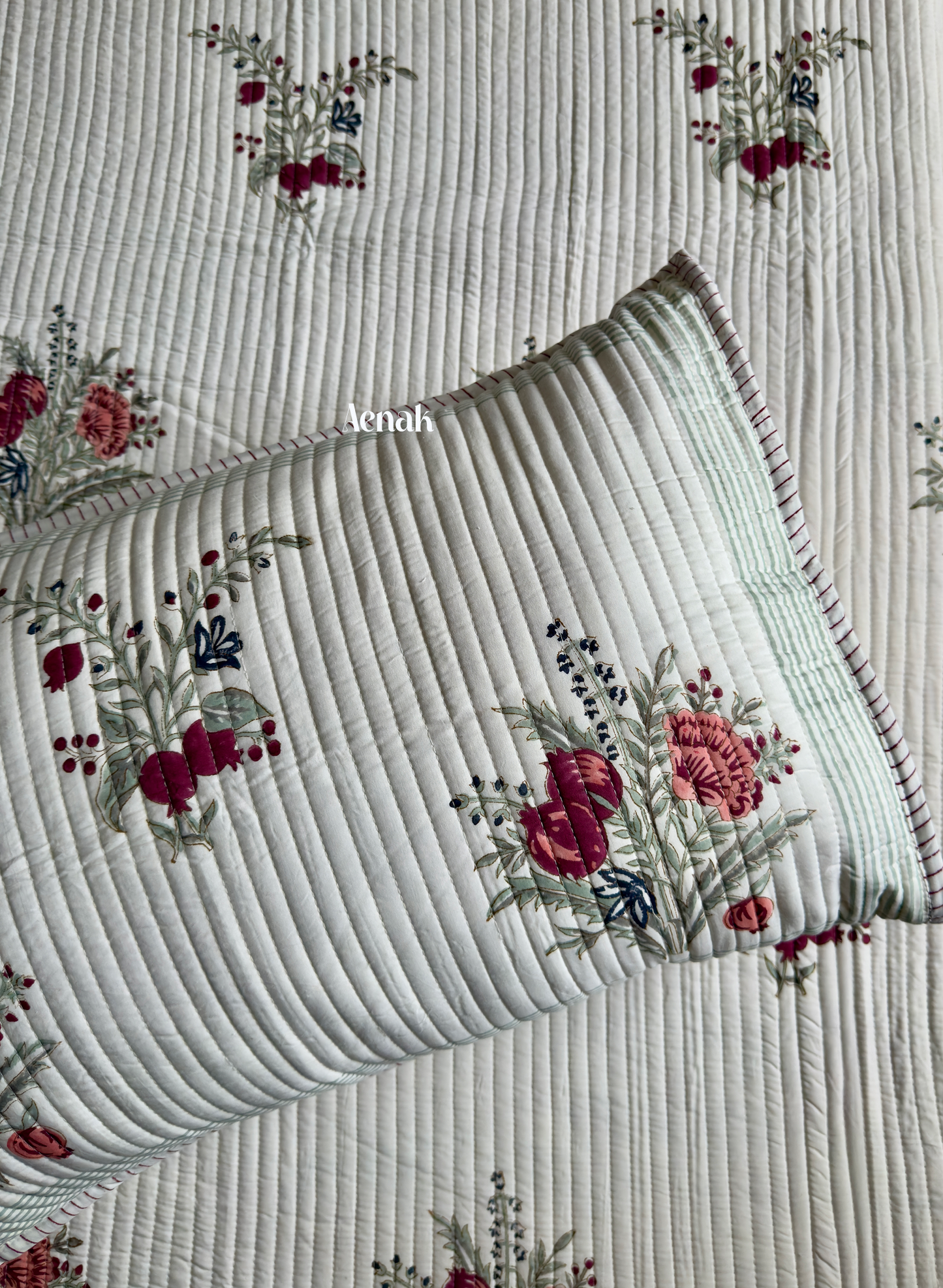 Burgundy Anaar Handblock Printed Reversible Straight Quilted Bedcover Set