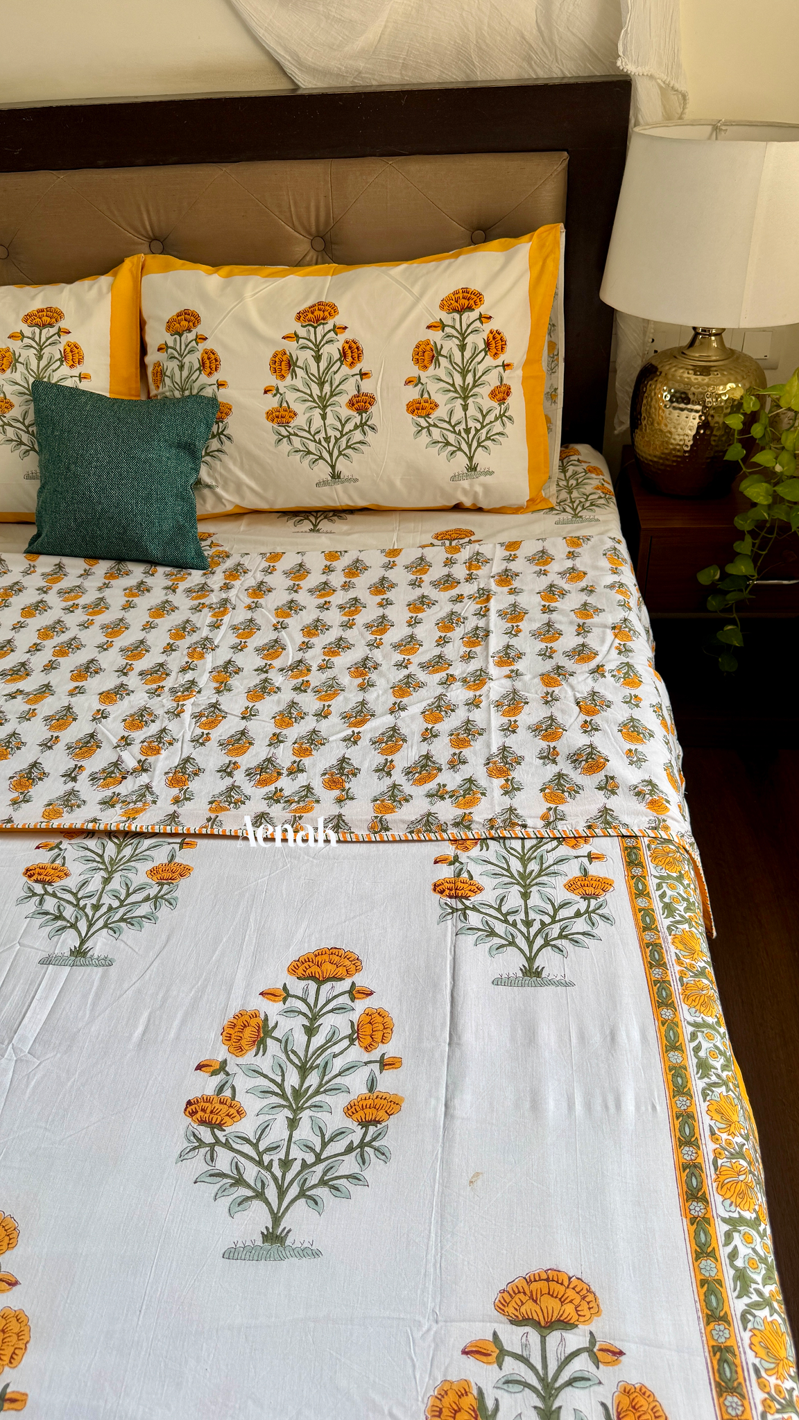 Turmeric Yellow Marigold Handblock Mulmul Cotton Reversible Dohar