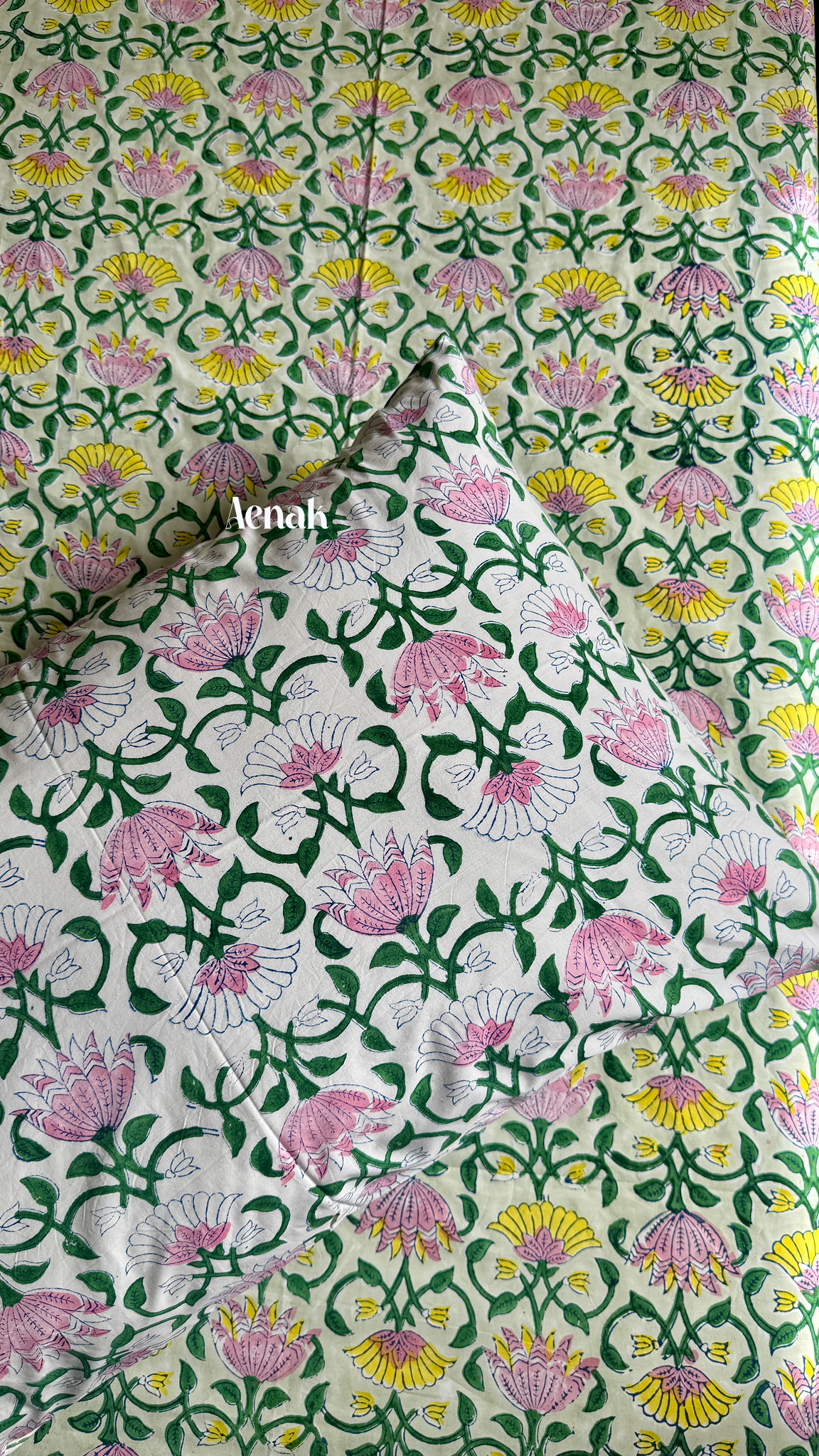 Pink Yellow Lotus Handblock Bedsheet + Quilted Bedcover Combo
