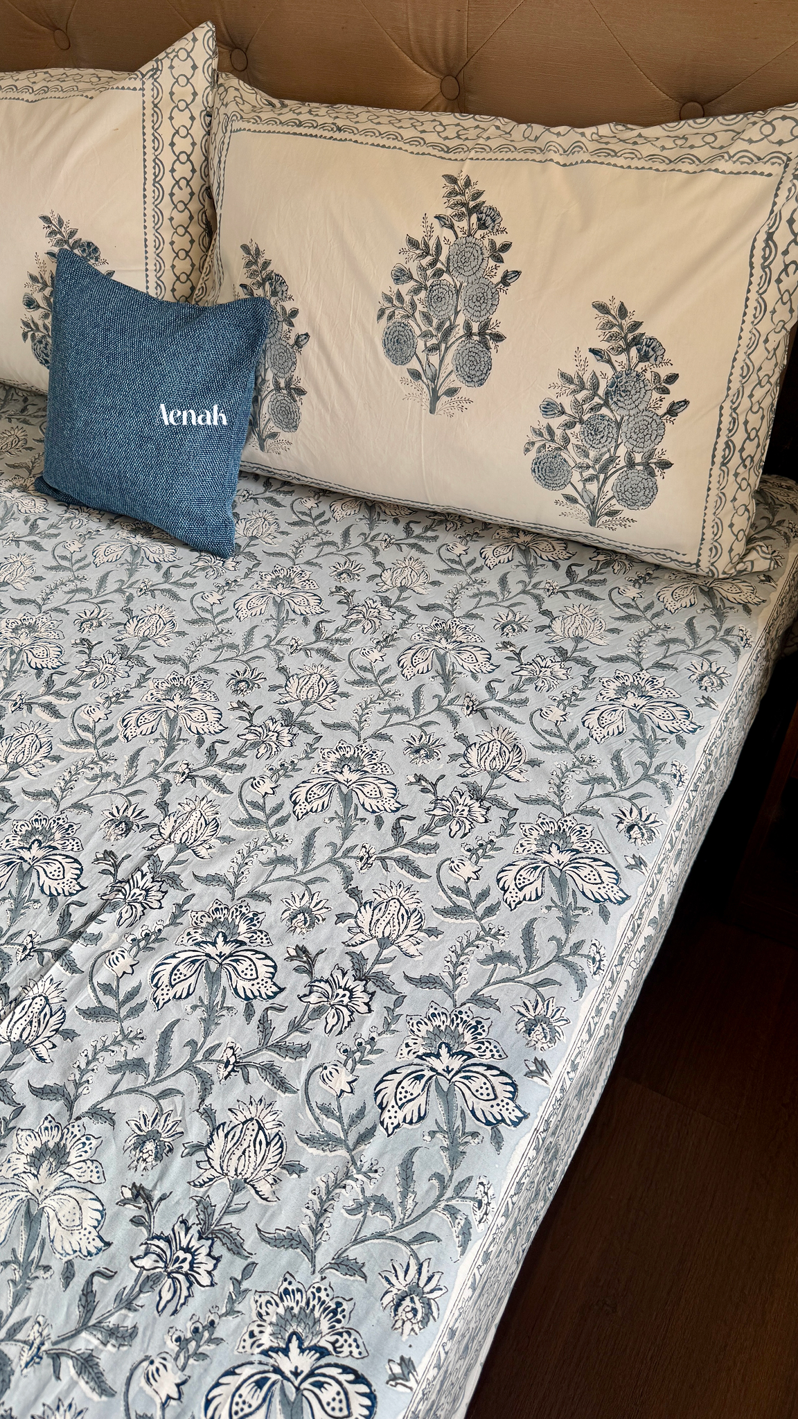 Blue Phool Boota Handblock Printed Premium Cotton Bedsheet