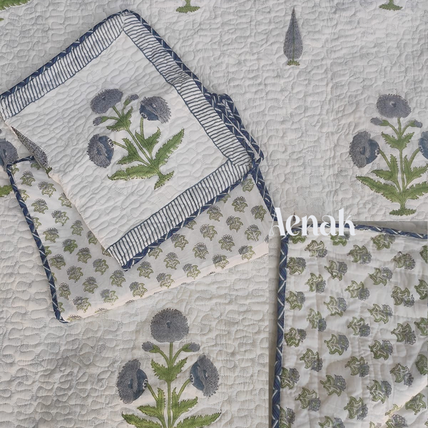 Blue Dahlia Handblock Bedsheet + Quilted Bedcover Combo Set