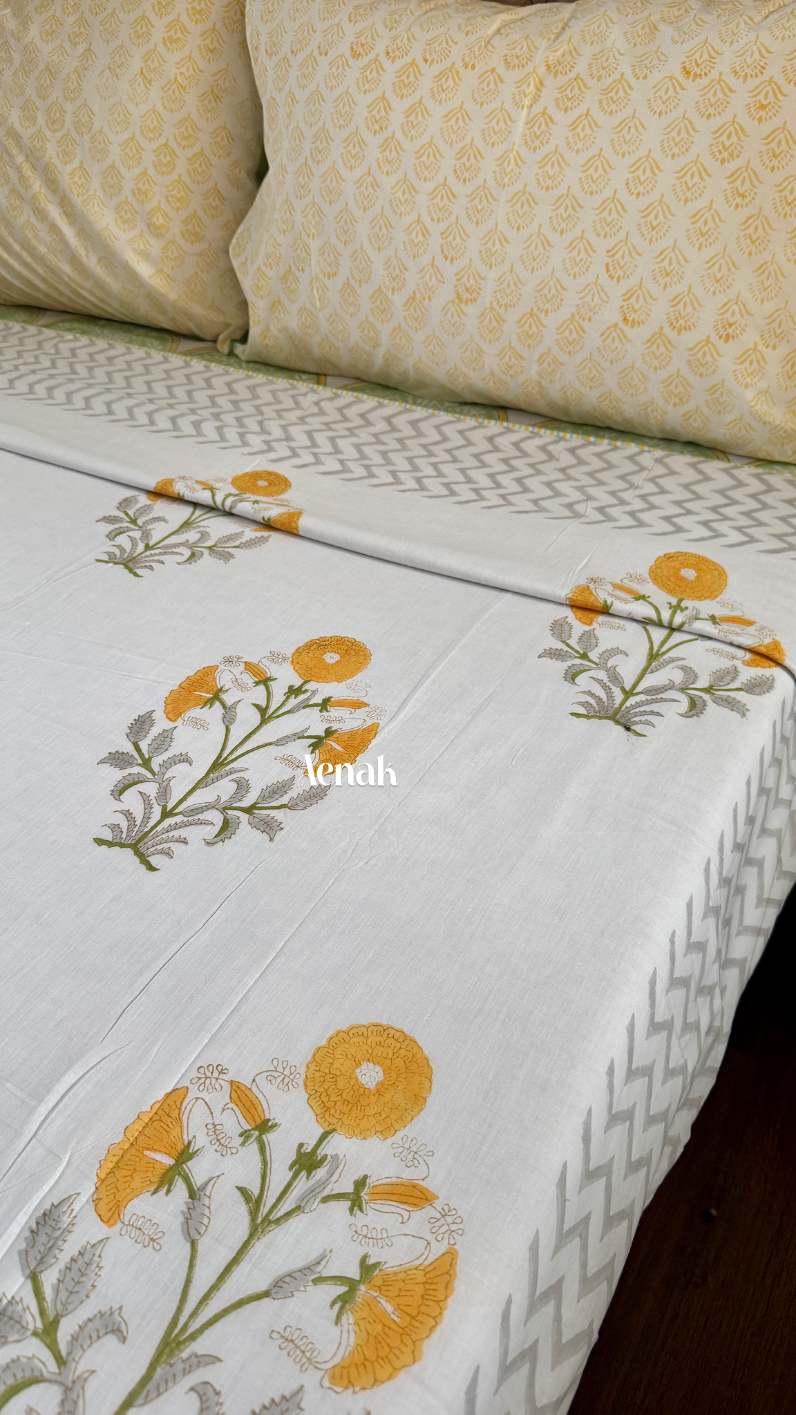 Yellow Dahlia Garden Handblock Printed Mulmul Cotton Reversible Dohar